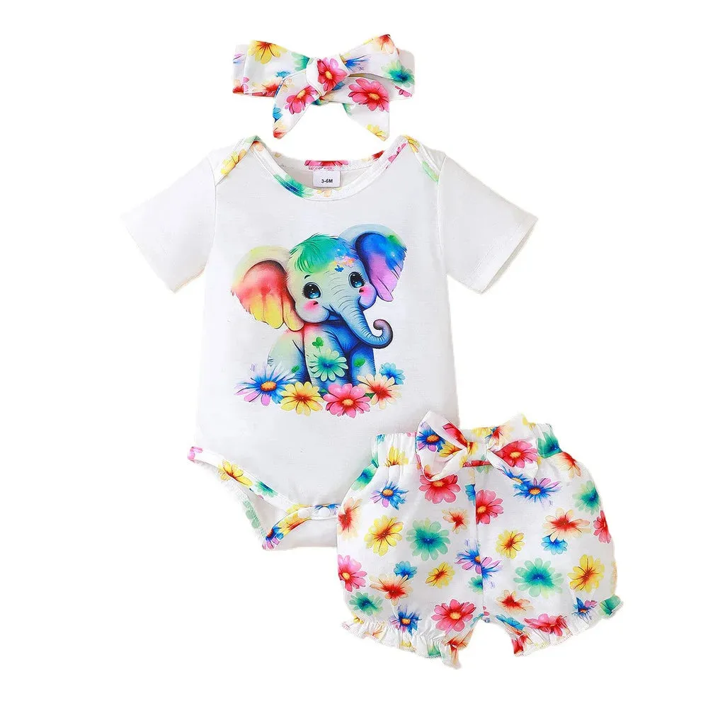 Newborn Baby Girl Clothing Set Short Sleeved Elephant Bodysuit Flower Shorts Summer Casual Outfits for 0-24 Months Toddler 3pcs