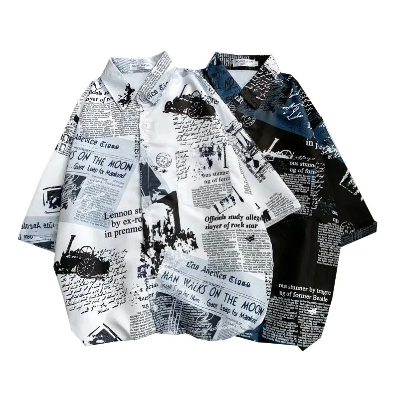 Newspaper Printed Hawaiian Beach Shirt for Men Summer Short Sleeve 3XL Aloha Shirts Mens Holiday Vacation Clothing Chemise