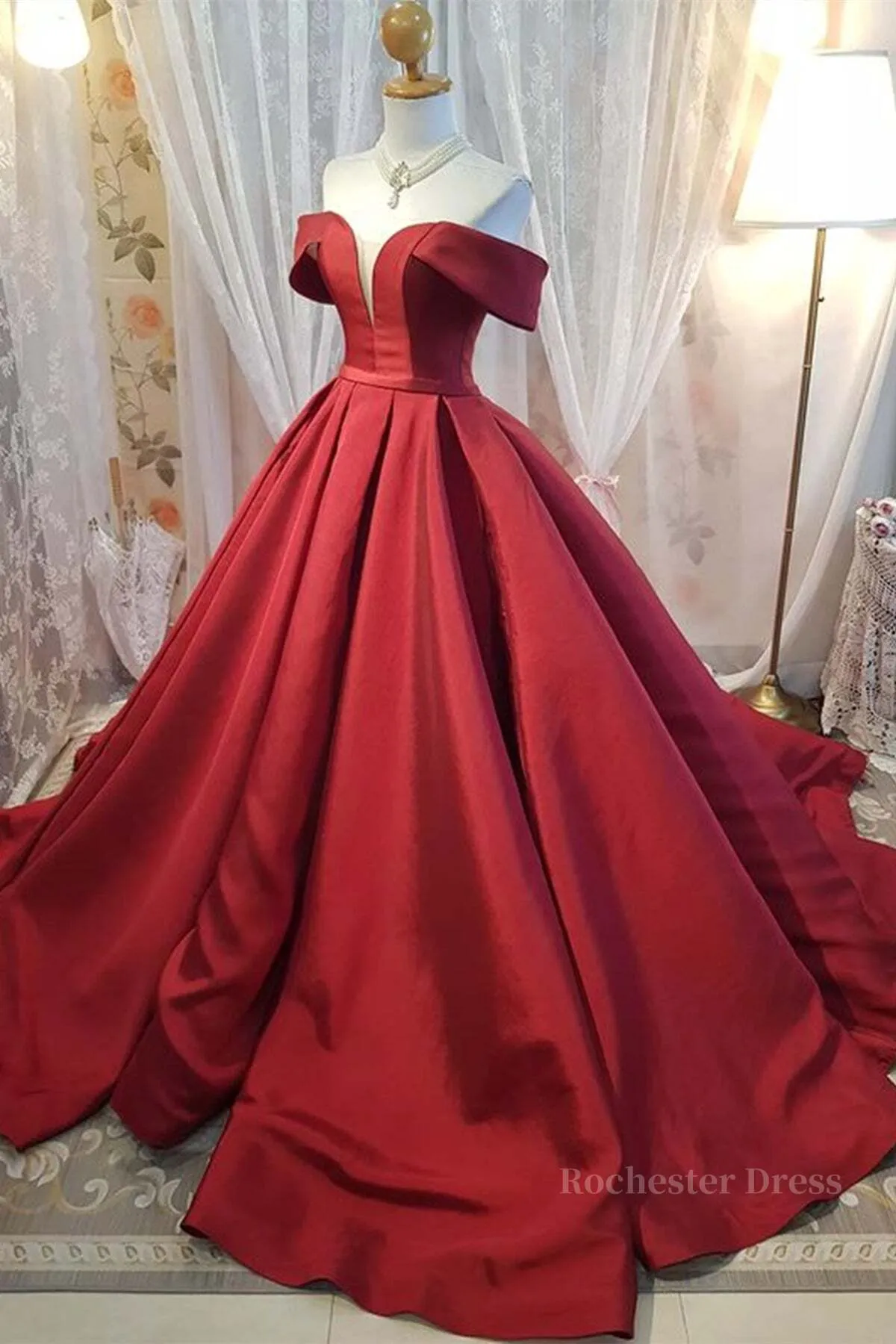 Off Shoulder Burgundy Satin Long Prom Dress, V Neck Burgundy Formal Evening Dress, Burgundy Ball Gown