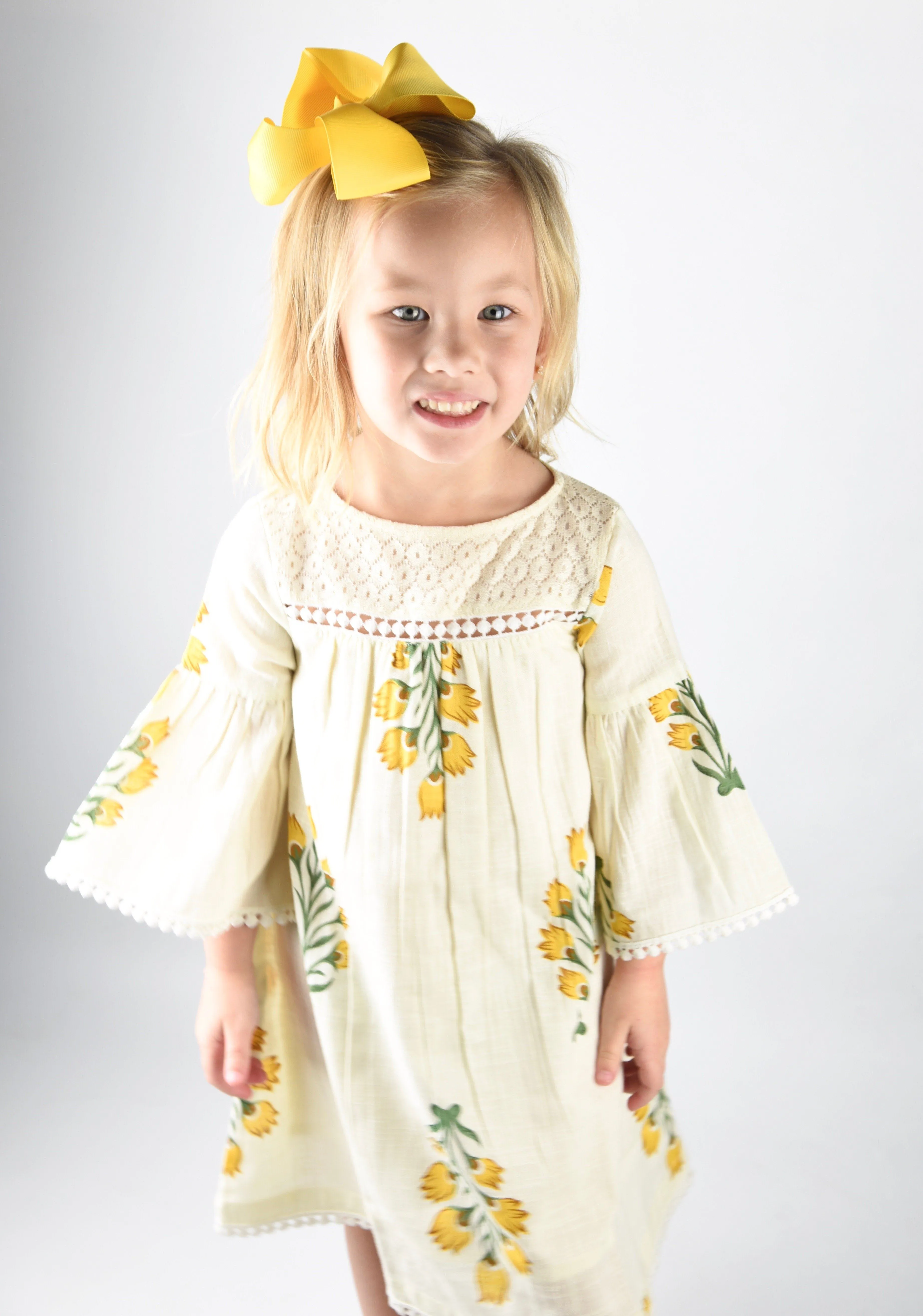 Off White and Yellow Floral Dress with Lace Detail