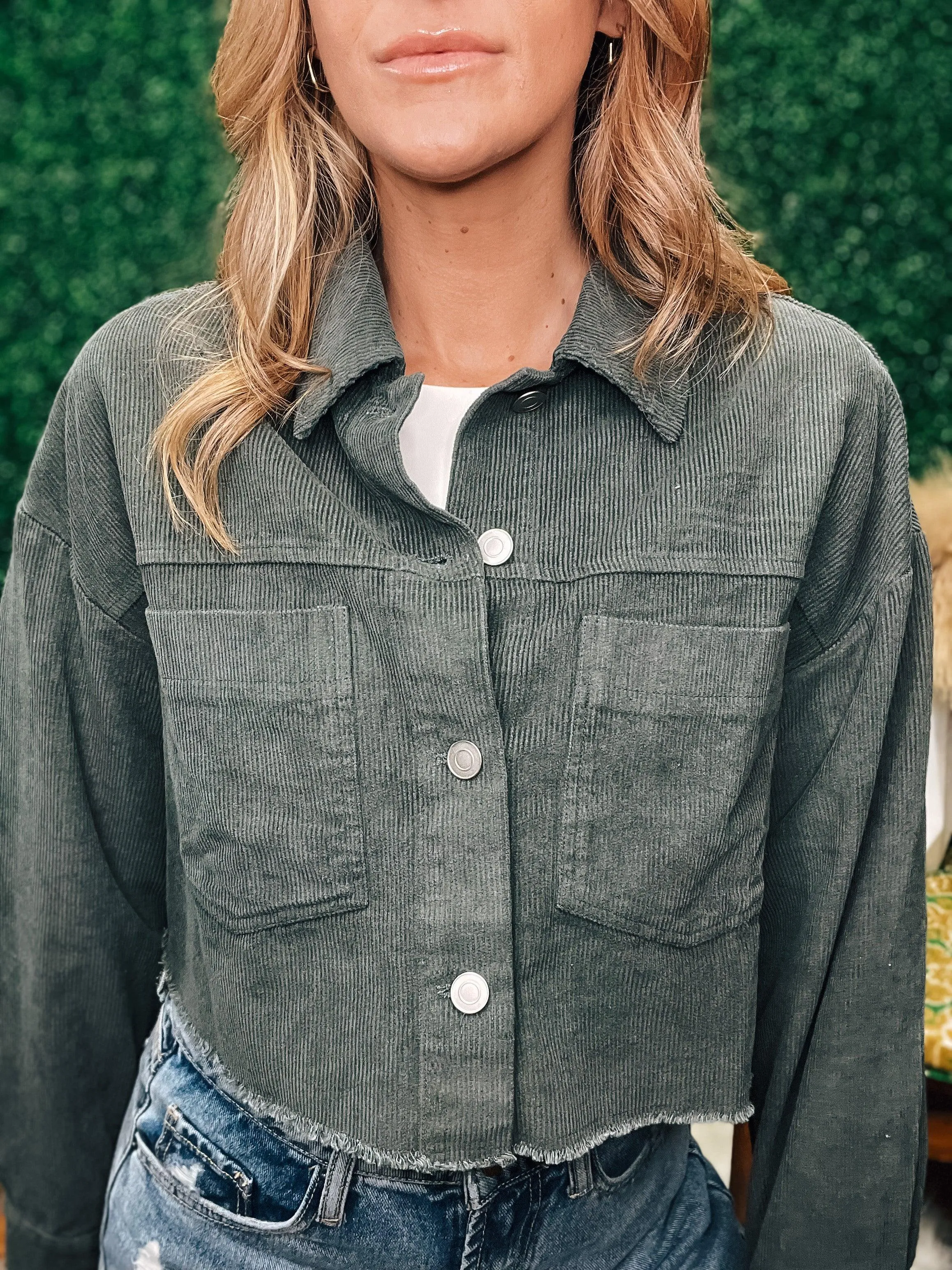 Olive Lightweight Corduroy Cropped Jacket