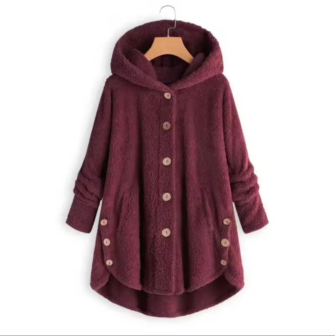 Plus Flannel Single Breasted High Low Hem Hooded Coat B-41380