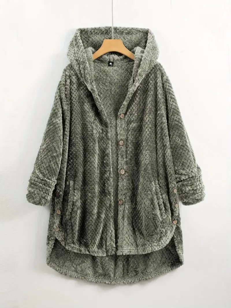 Plus Flannel Single Breasted High Low Hem Hooded Coat B-41380