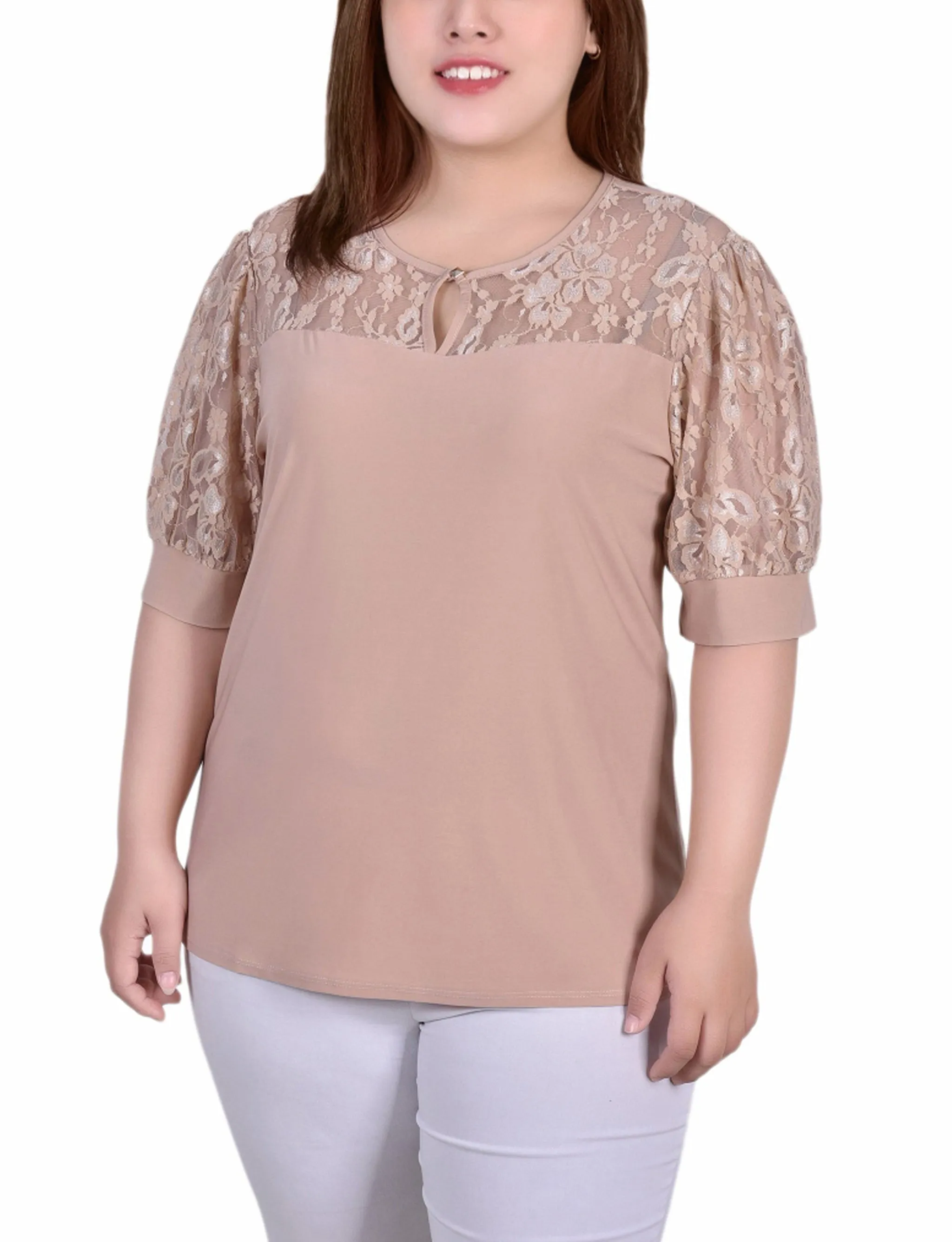 Plus Size Short Puff Sleeve Top With Lace Sleeves And Yoke