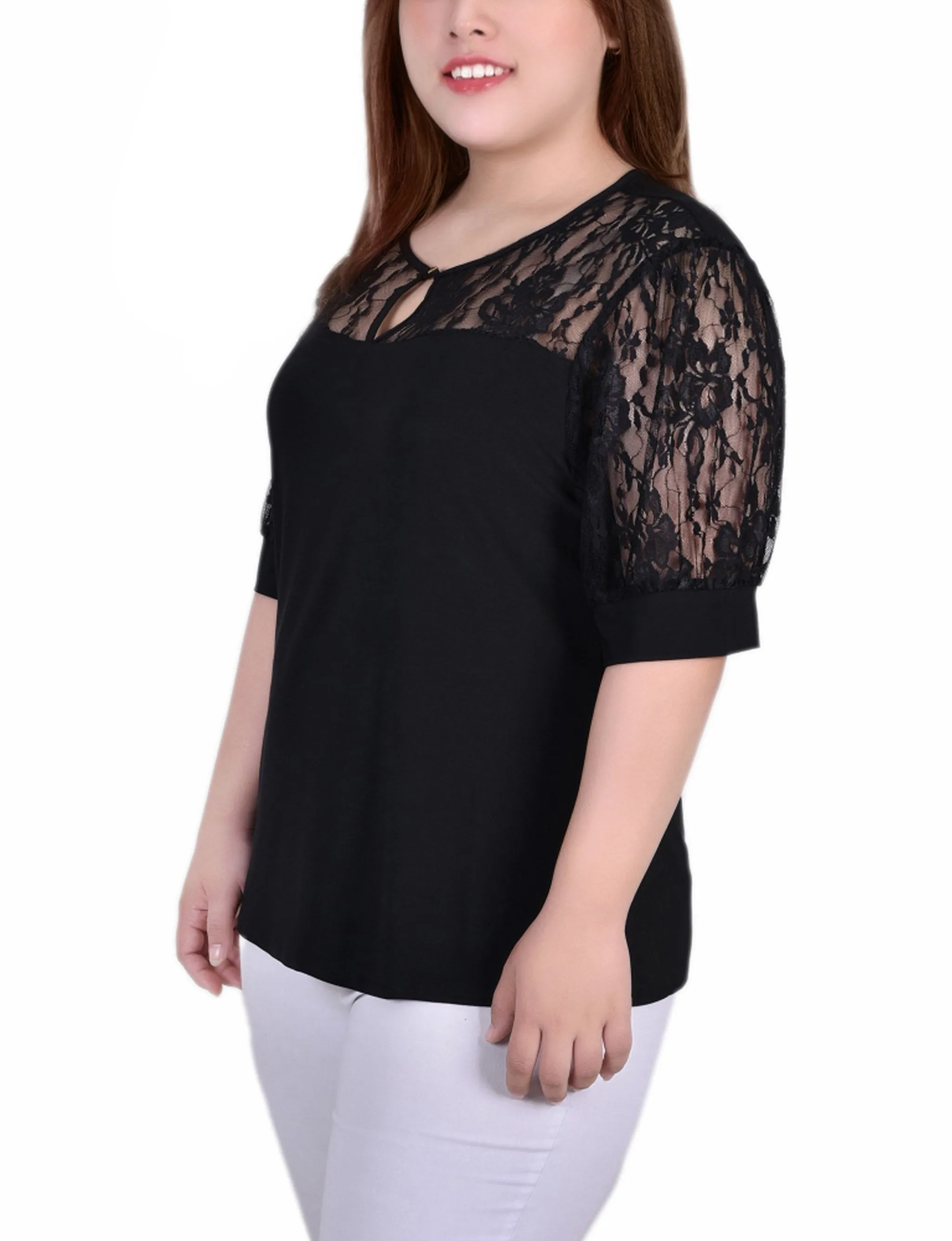 Plus Size Short Puff Sleeve Top With Lace Sleeves And Yoke