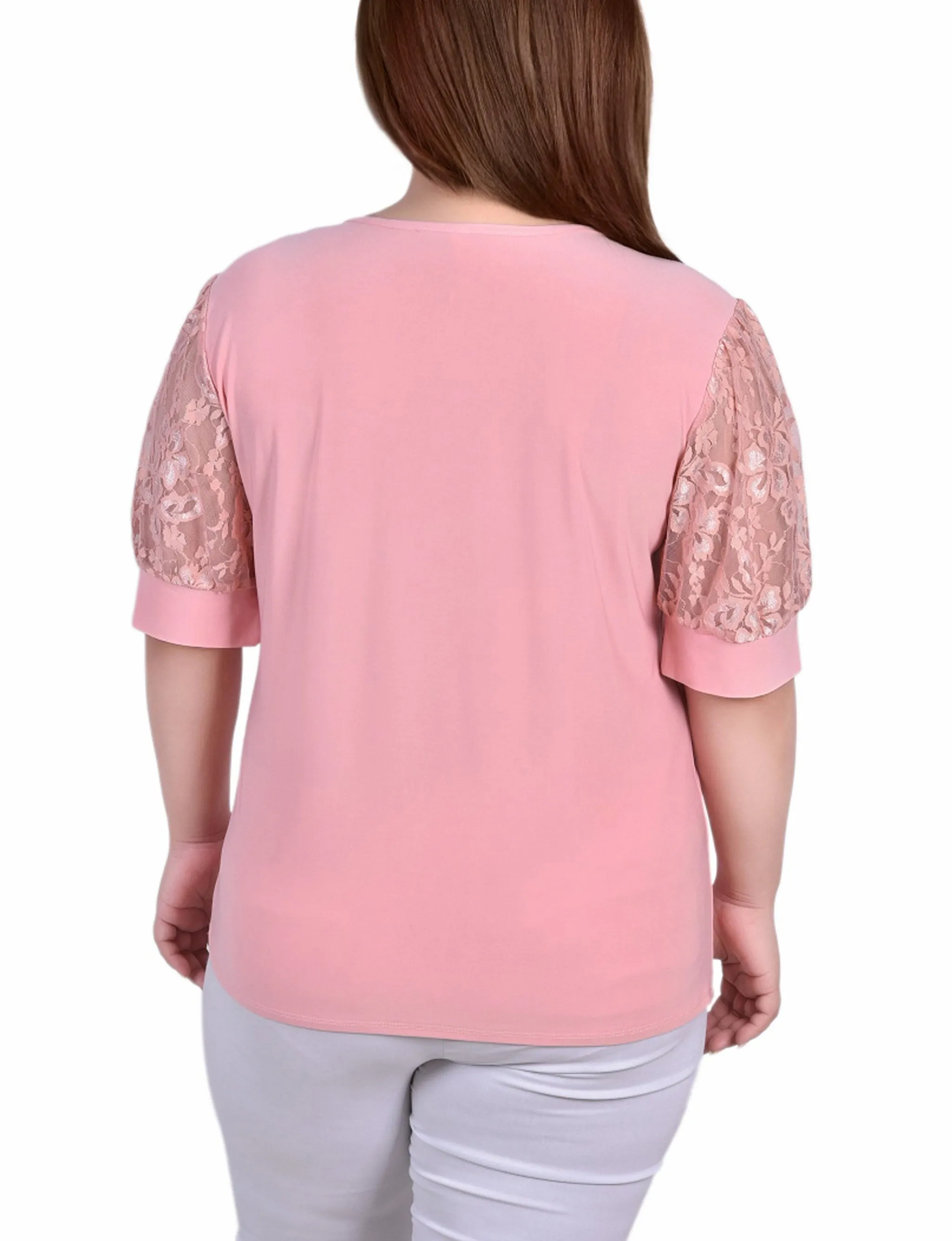 Plus Size Short Puff Sleeve Top With Lace Sleeves And Yoke