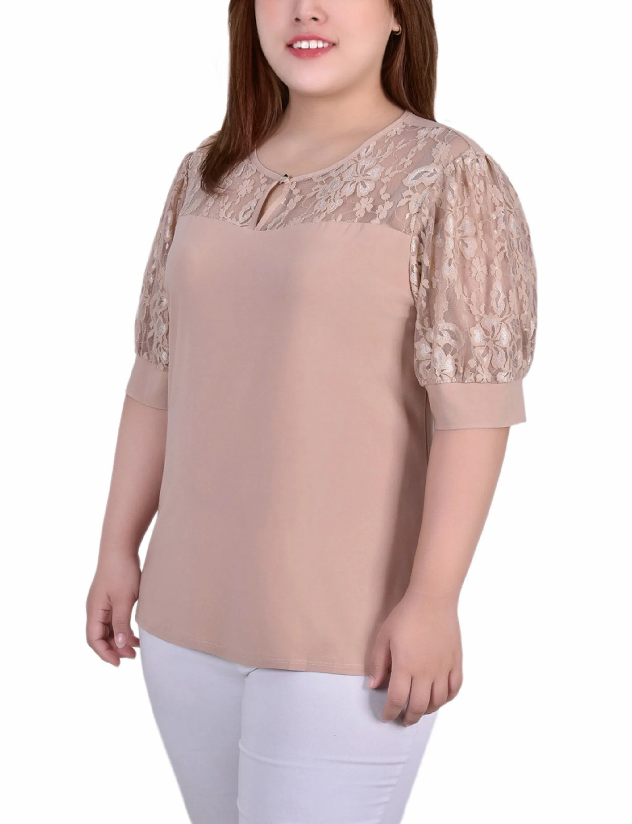 Plus Size Short Puff Sleeve Top With Lace Sleeves And Yoke