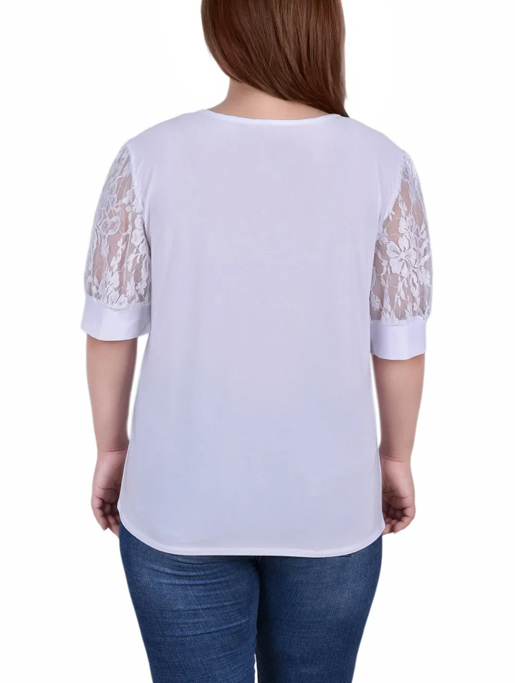 Plus Size Short Puff Sleeve Top With Lace Sleeves And Yoke