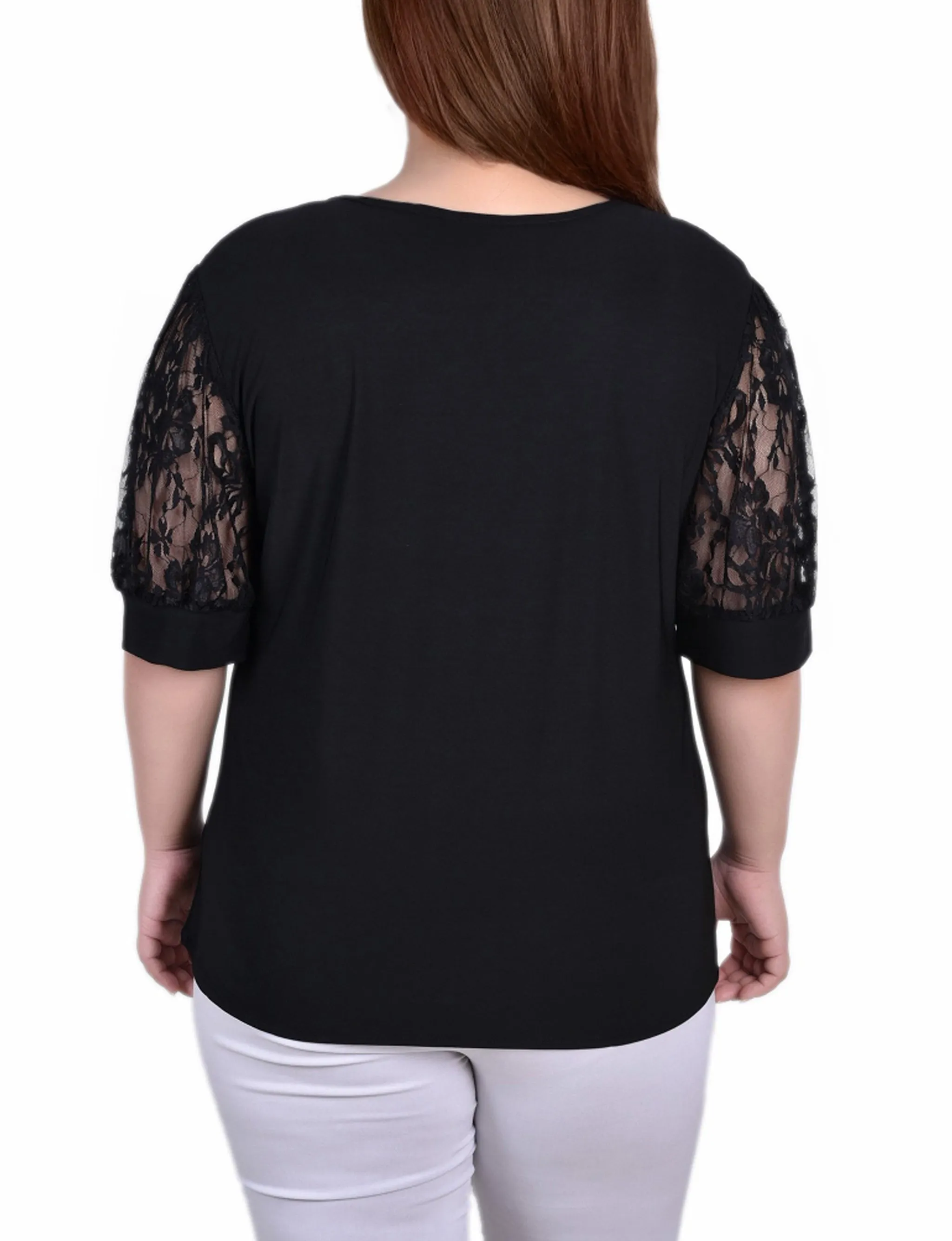 Plus Size Short Puff Sleeve Top With Lace Sleeves And Yoke