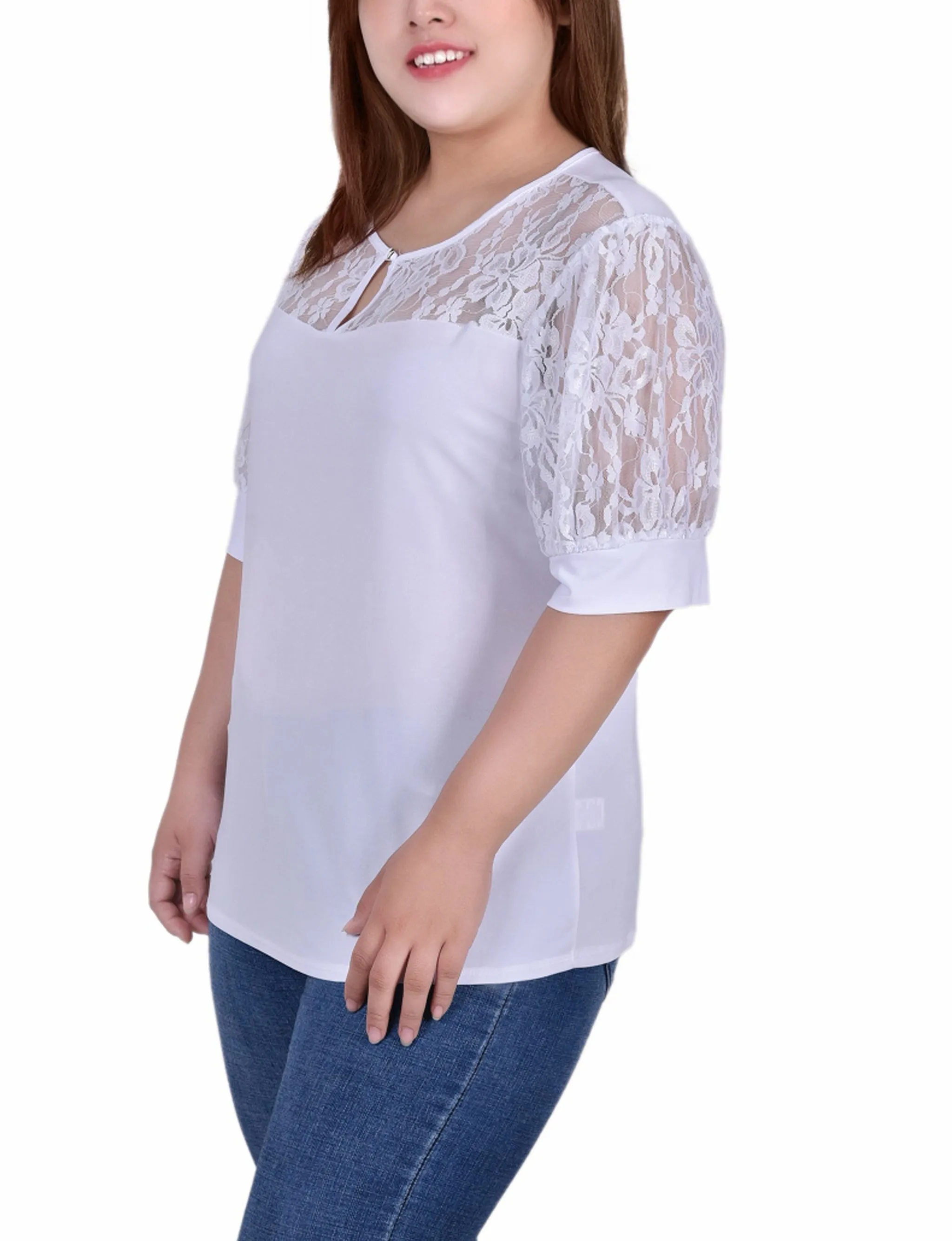 Plus Size Short Puff Sleeve Top With Lace Sleeves And Yoke