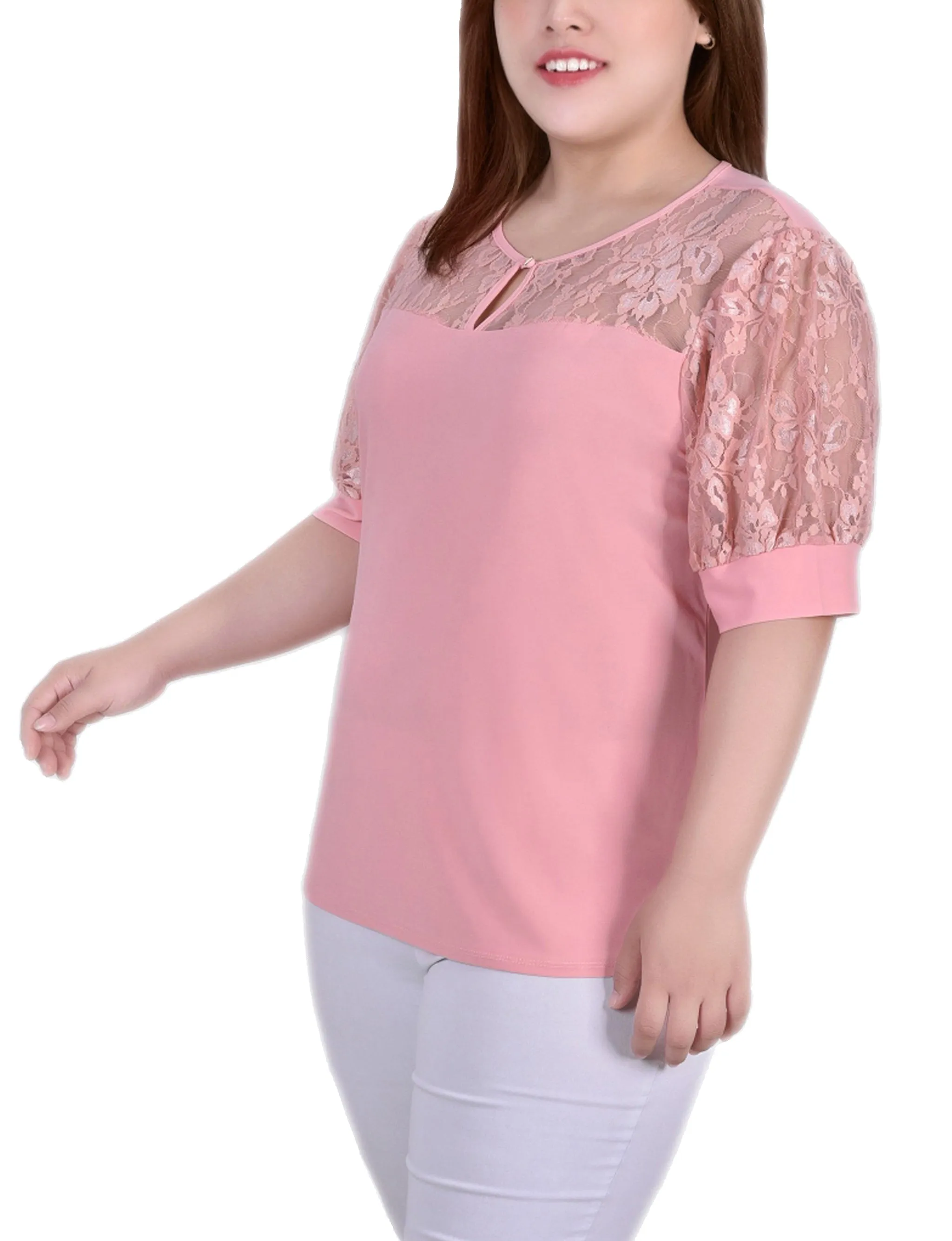 Plus Size Short Puff Sleeve Top With Lace Sleeves And Yoke