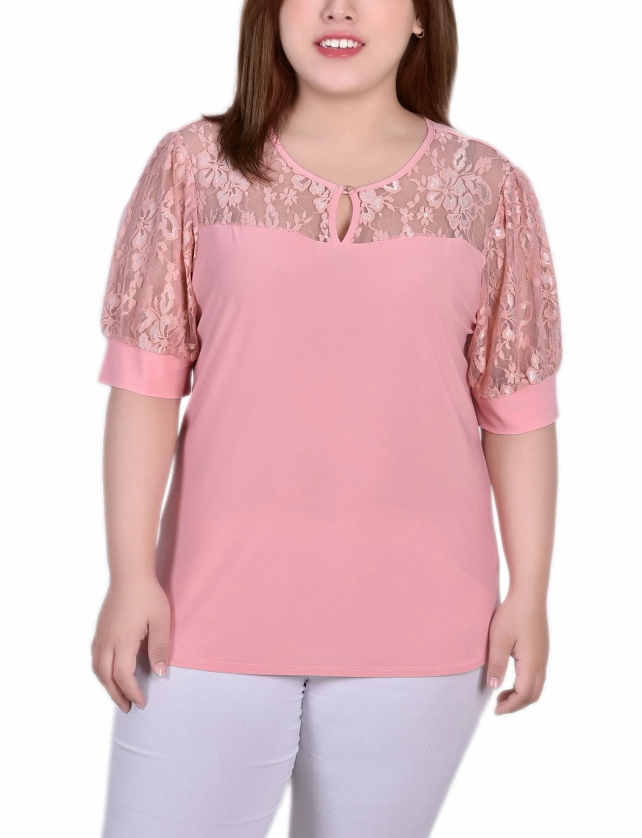 Plus Size Short Puff Sleeve Top With Lace Sleeves And Yoke