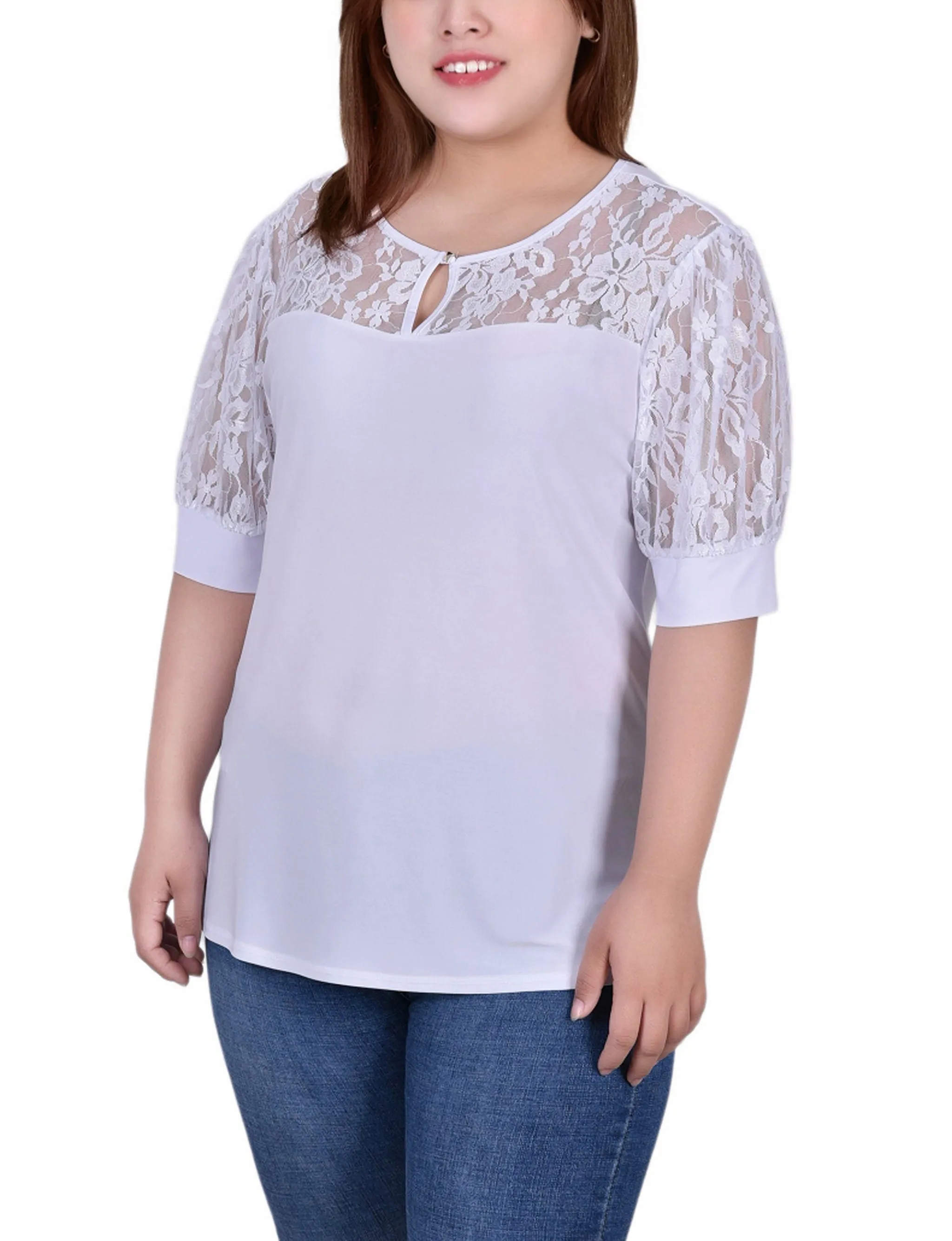 Plus Size Short Puff Sleeve Top With Lace Sleeves And Yoke