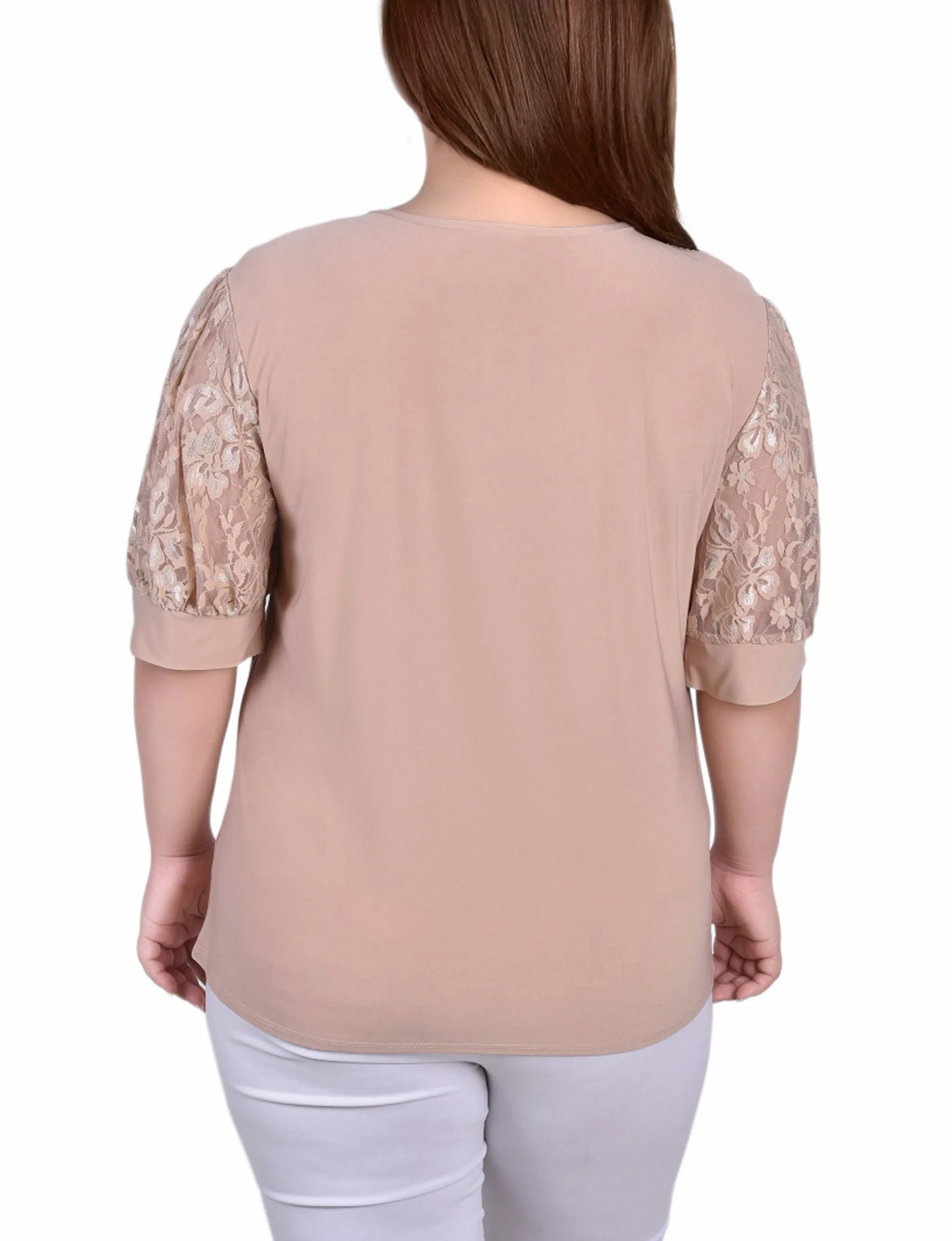 Plus Size Short Puff Sleeve Top With Lace Sleeves And Yoke