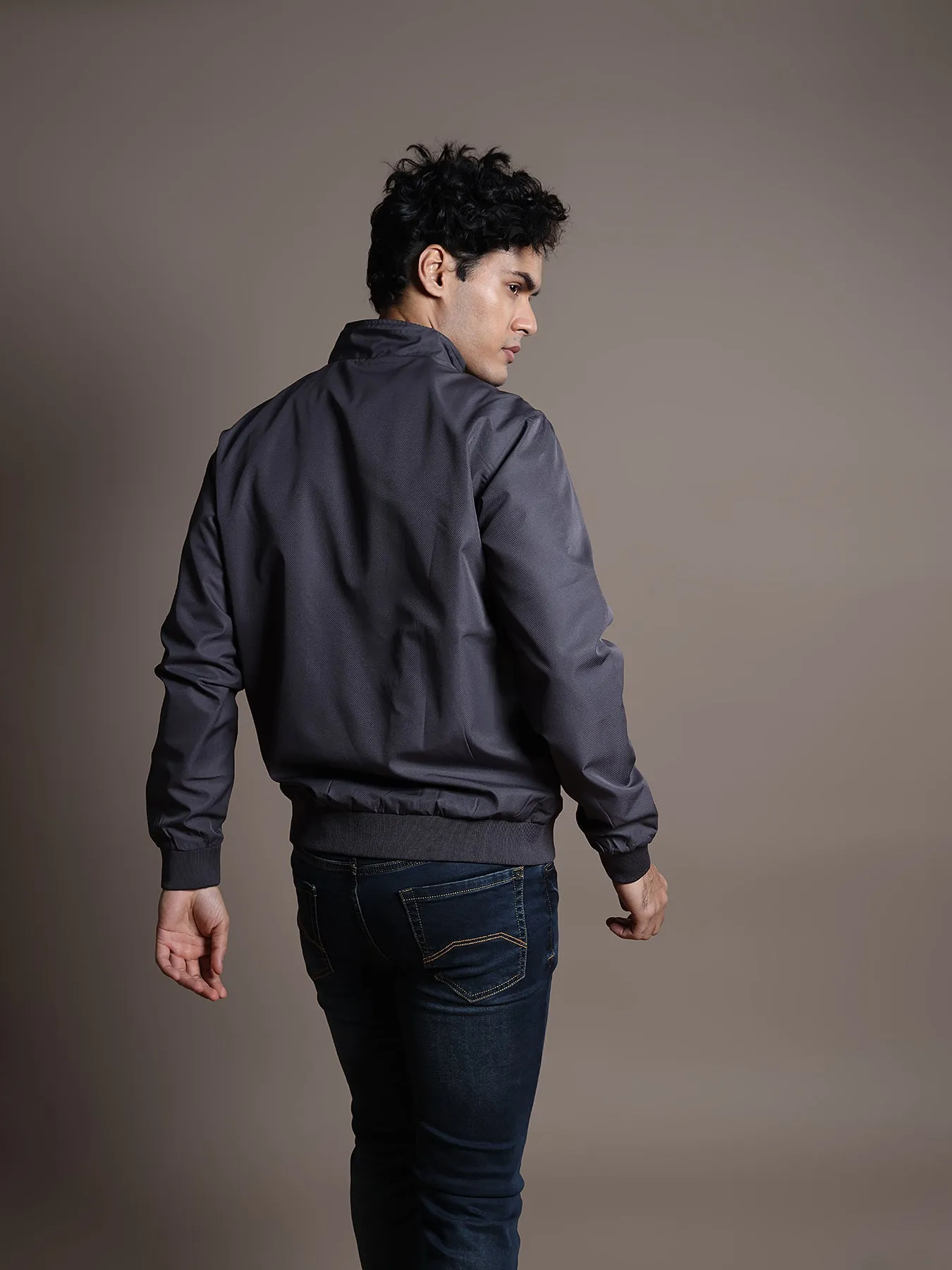 Polyester Dark Grey Plain Regular Fit Full Sleeve Casual Windcheater