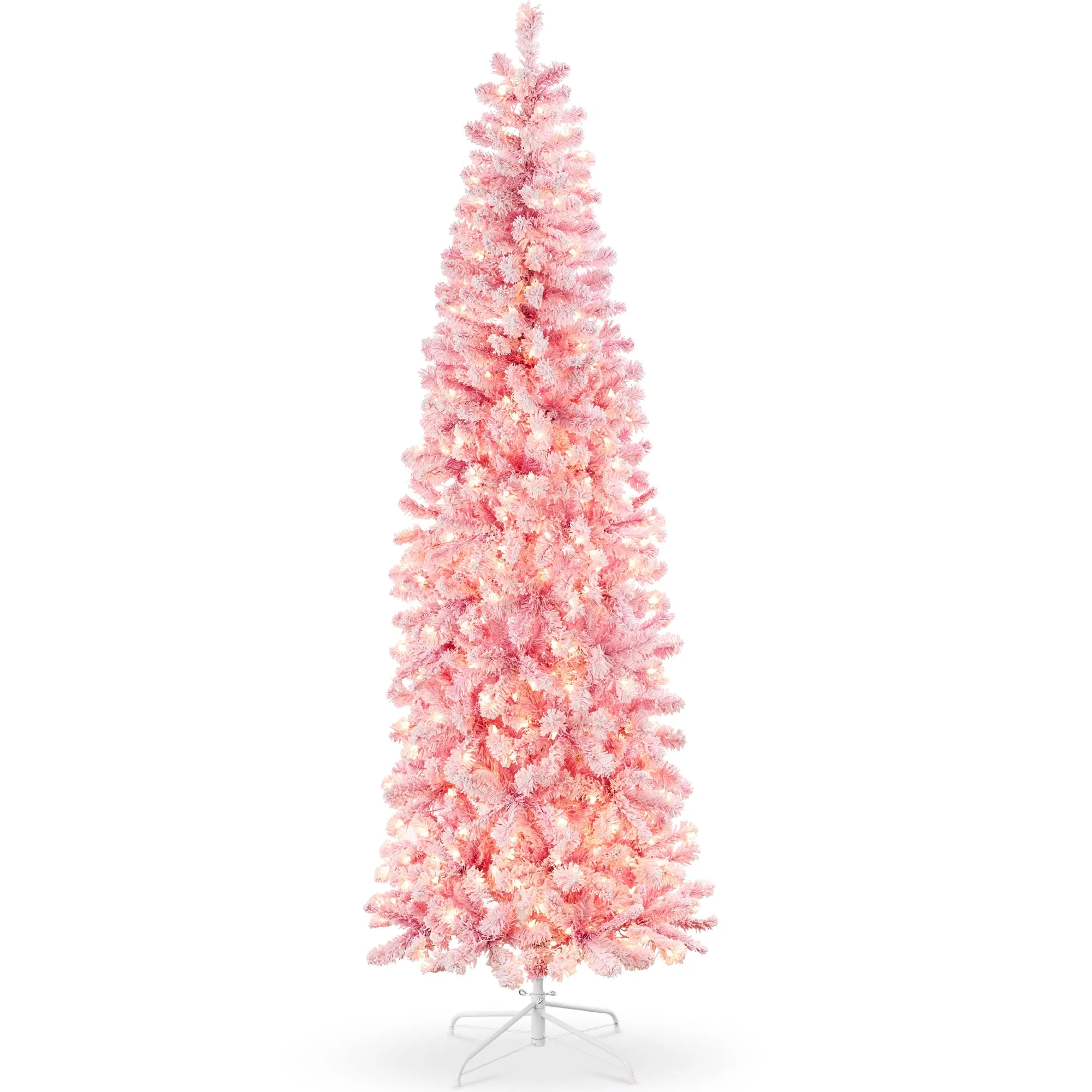 Pre-Lit Snow Flocked Pink Artificial Pencil Christmas Tree