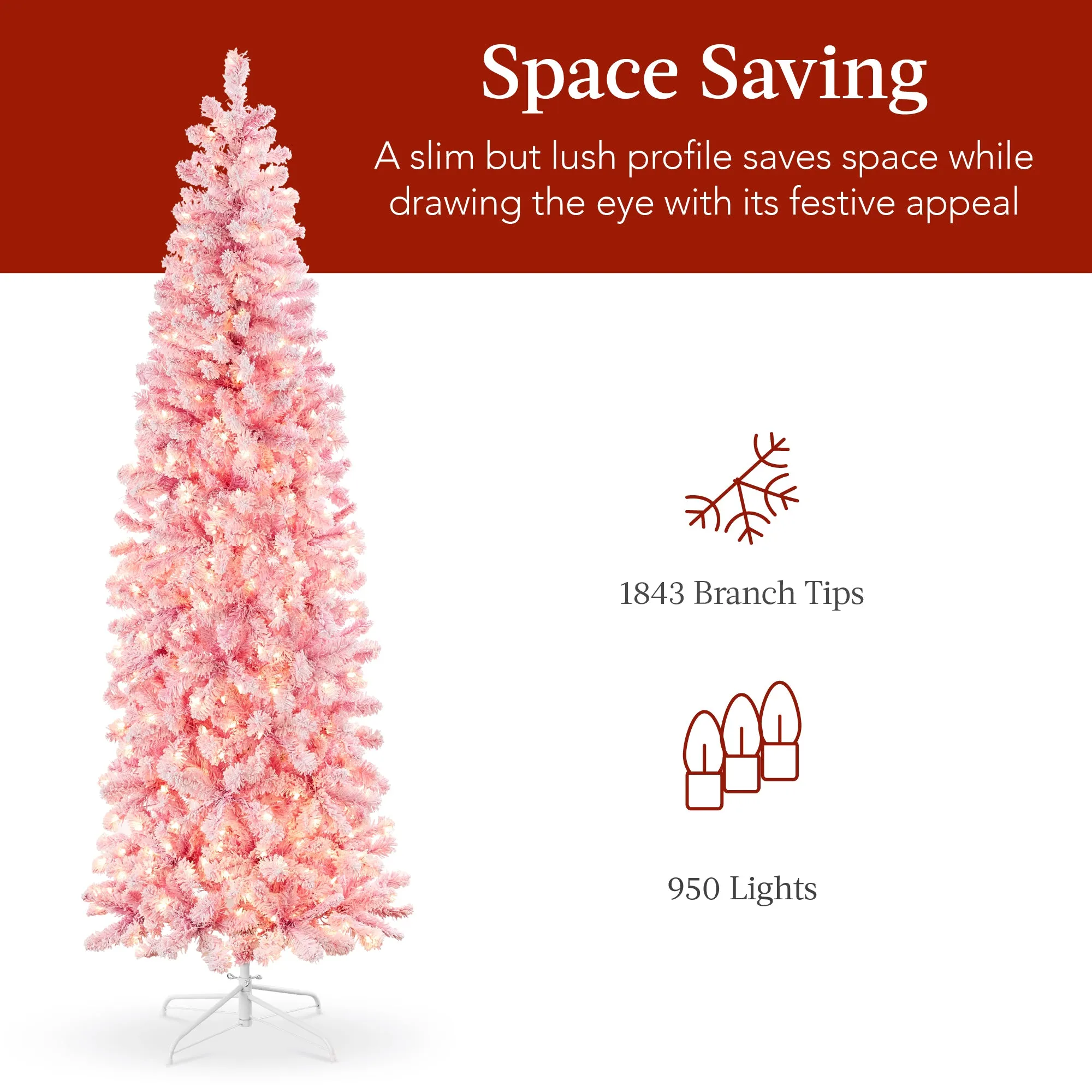 Pre-Lit Snow Flocked Pink Artificial Pencil Christmas Tree