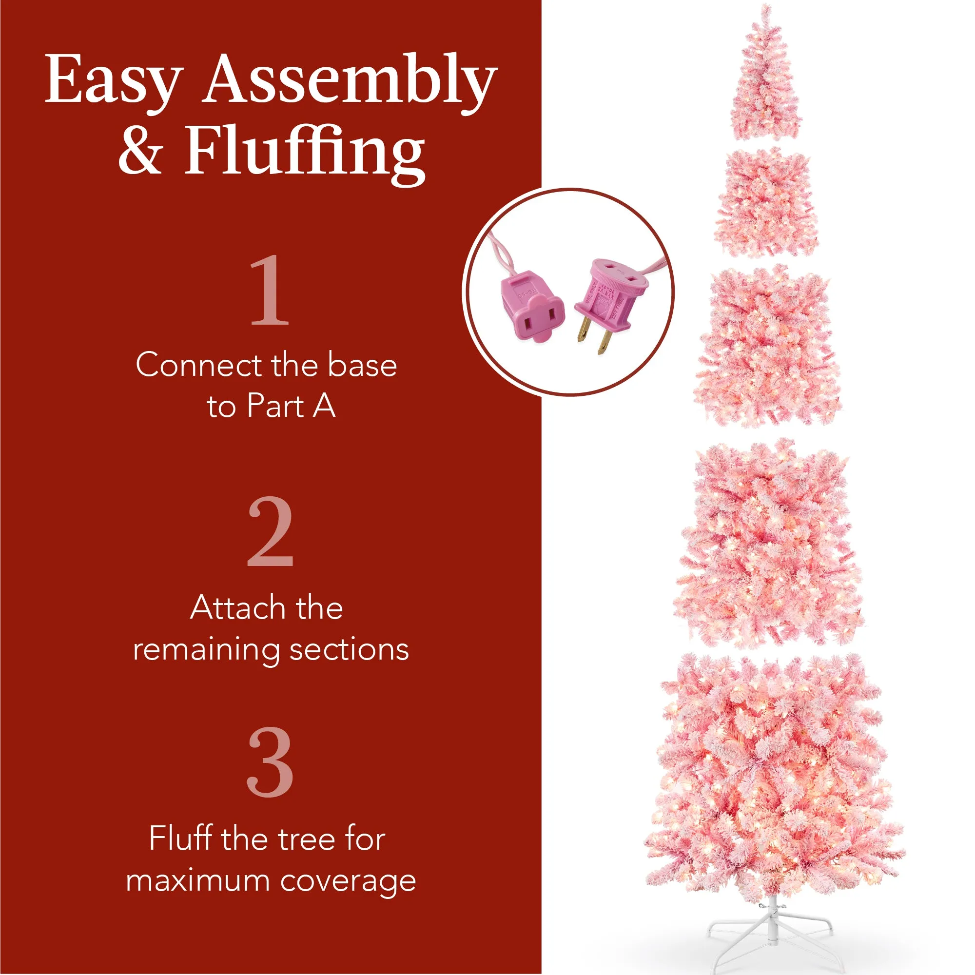 Pre-Lit Snow Flocked Pink Artificial Pencil Christmas Tree