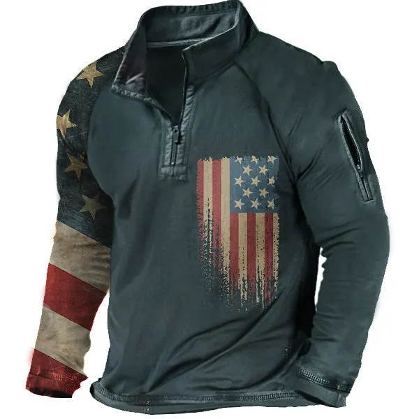 RETRO AMERICAN FLAG PRINTED MEN'S HENRY HALF NECK TACTICAL LONG SLEEVE T-SHIRT