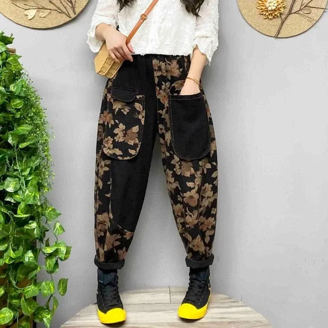 Retro Floral Print Harem Pants