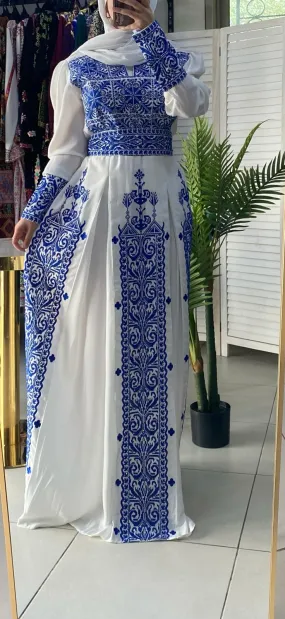 Royal White Dress with Unique Blue Embroidery and Long Tail