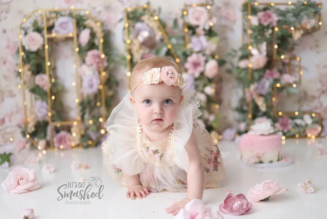 Ruffle Soft Pink Romper with Embroidered FloTulle and Headband  #10004