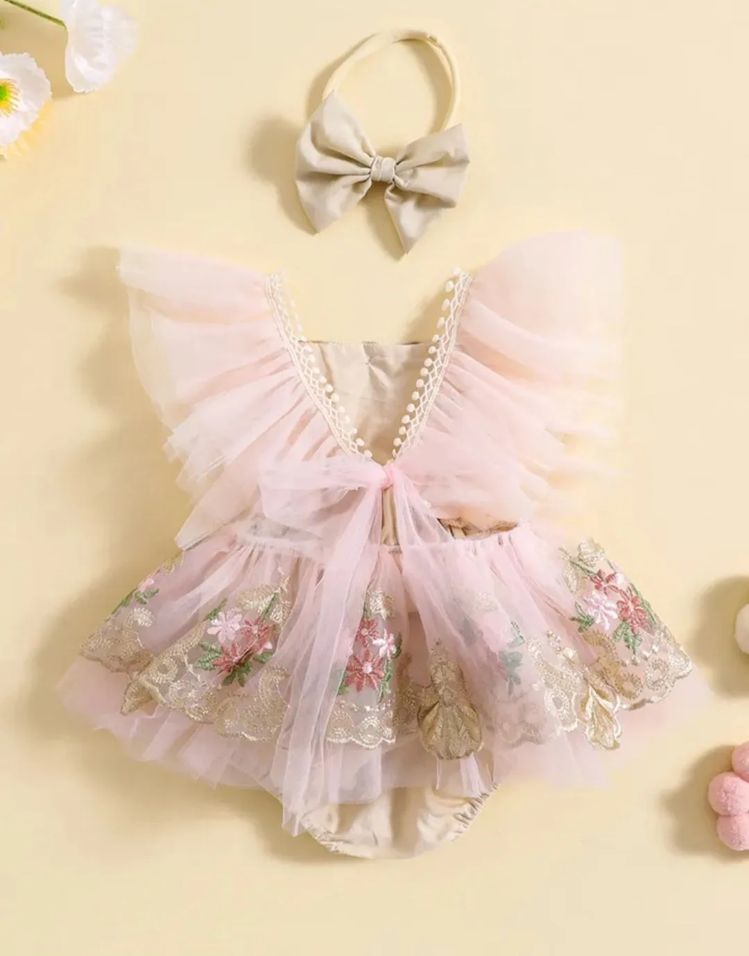 Ruffle Soft Pink Romper with Embroidered FloTulle and Headband  #10004