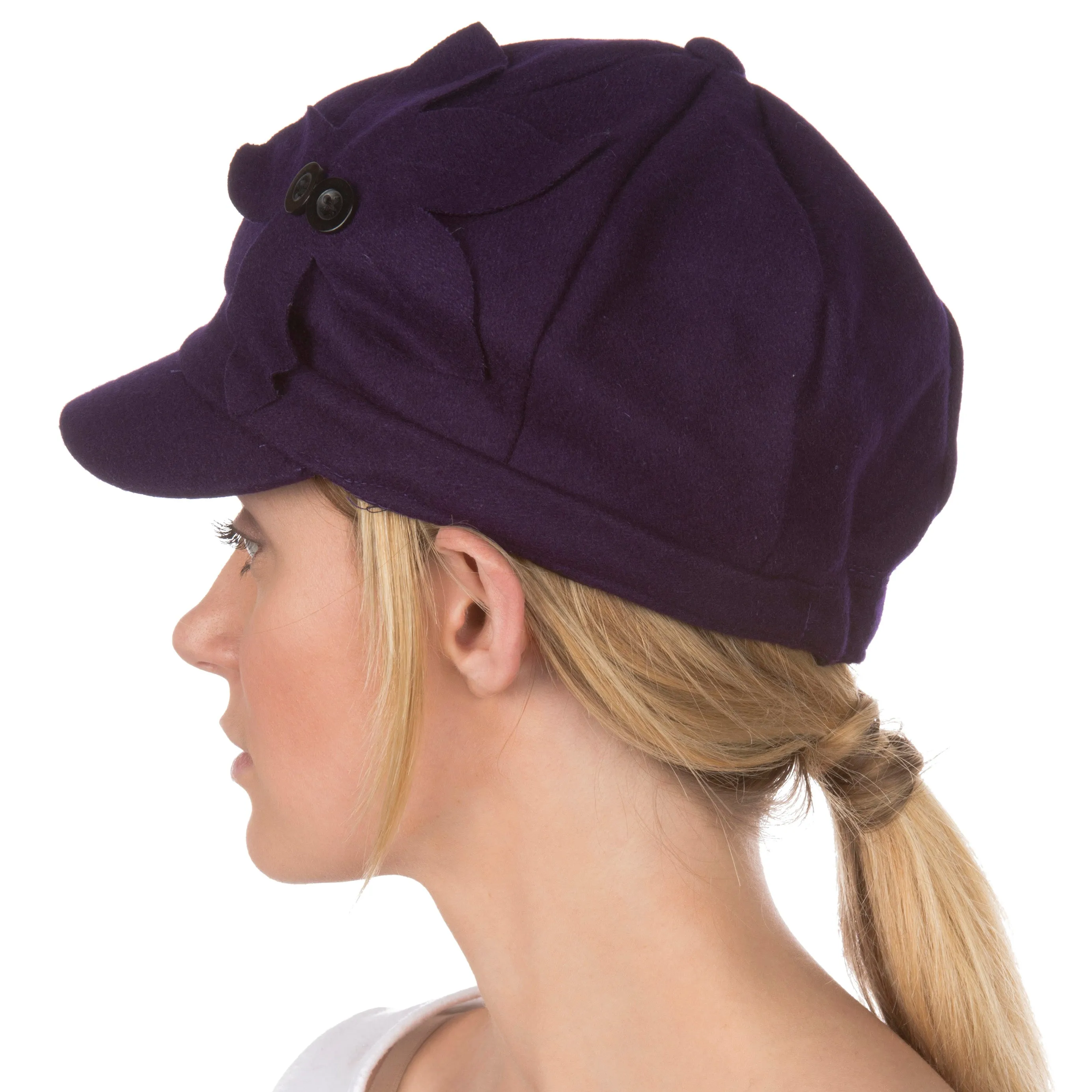 Sakkas Sasha Wool Newsboy Cabbie Hat with Button Flower