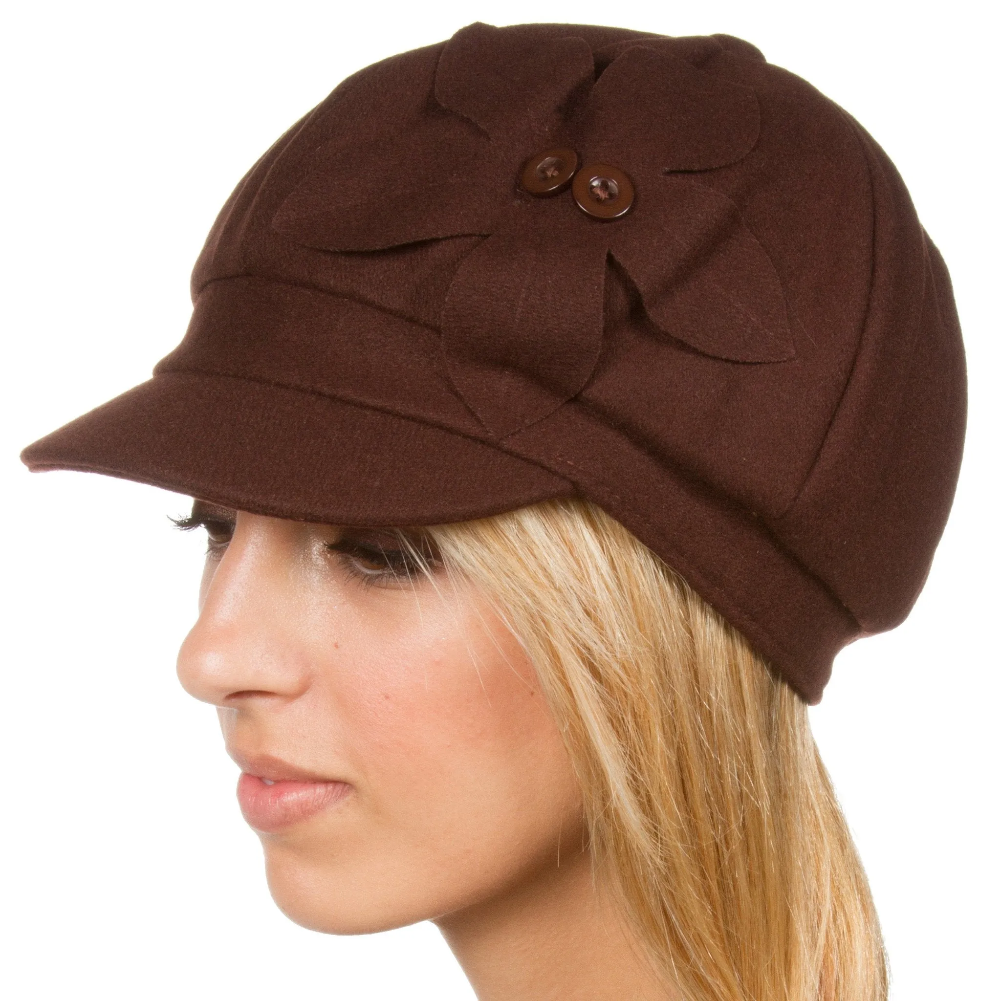 Sakkas Sasha Wool Newsboy Cabbie Hat with Button Flower