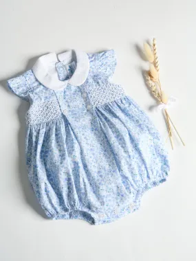 Sardon Blue Ditsy Floral Print Smocked Romper