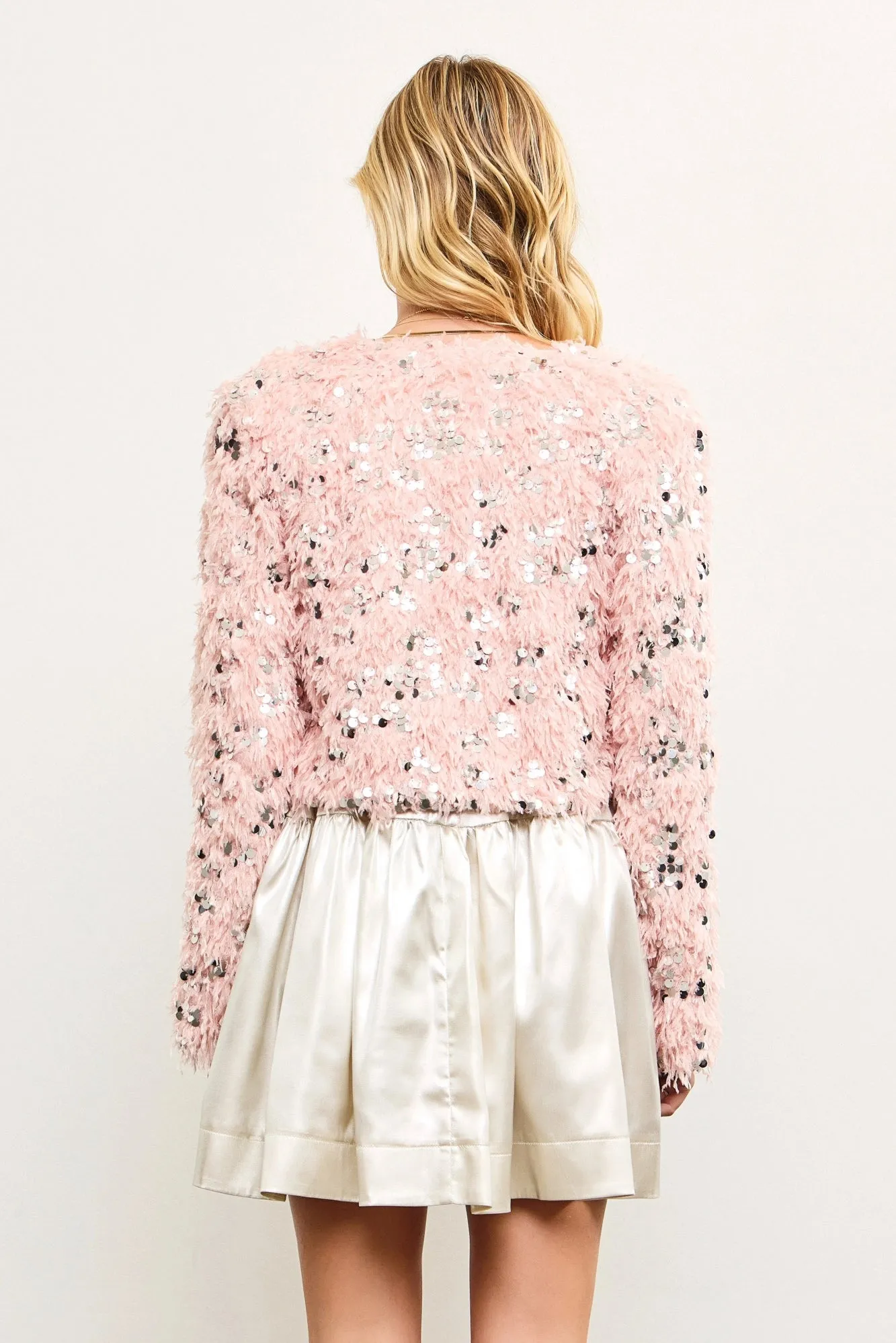 Sequin Faux Feather Padded Shoulder Cropped Jacket