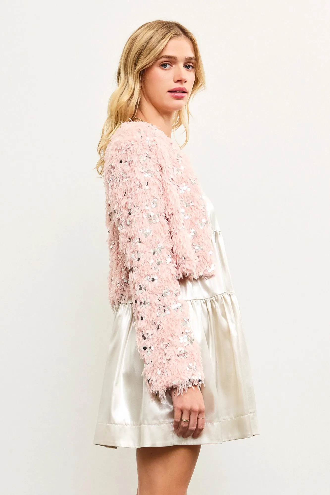 Sequin Faux Feather Padded Shoulder Cropped Jacket