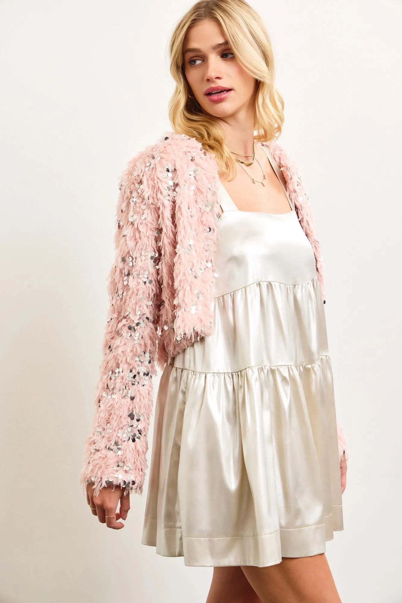 Sequin Faux Feather Padded Shoulder Cropped Jacket