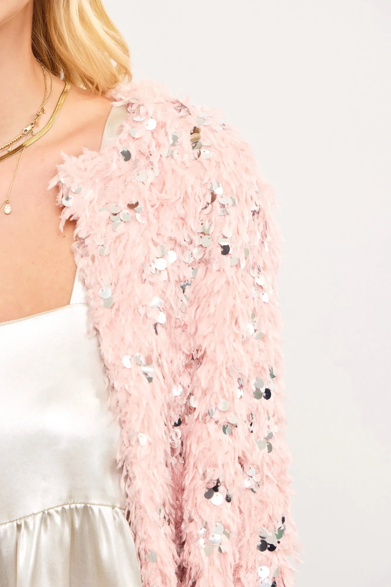 Sequin Faux Feather Padded Shoulder Cropped Jacket