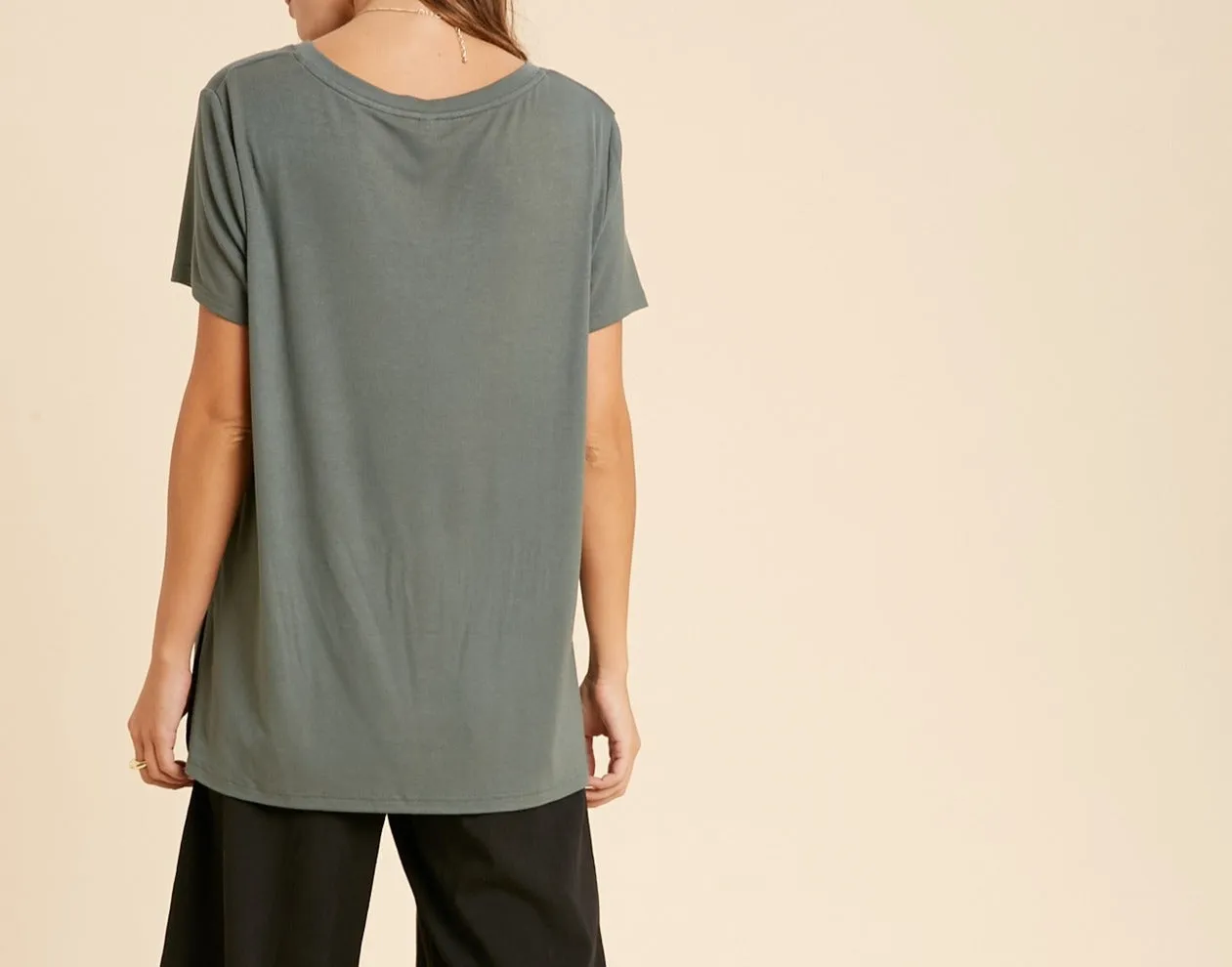 short sleeve v-neck basic knit top - t green