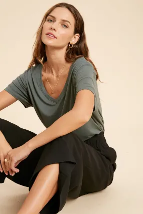 short sleeve v-neck basic knit top - t green