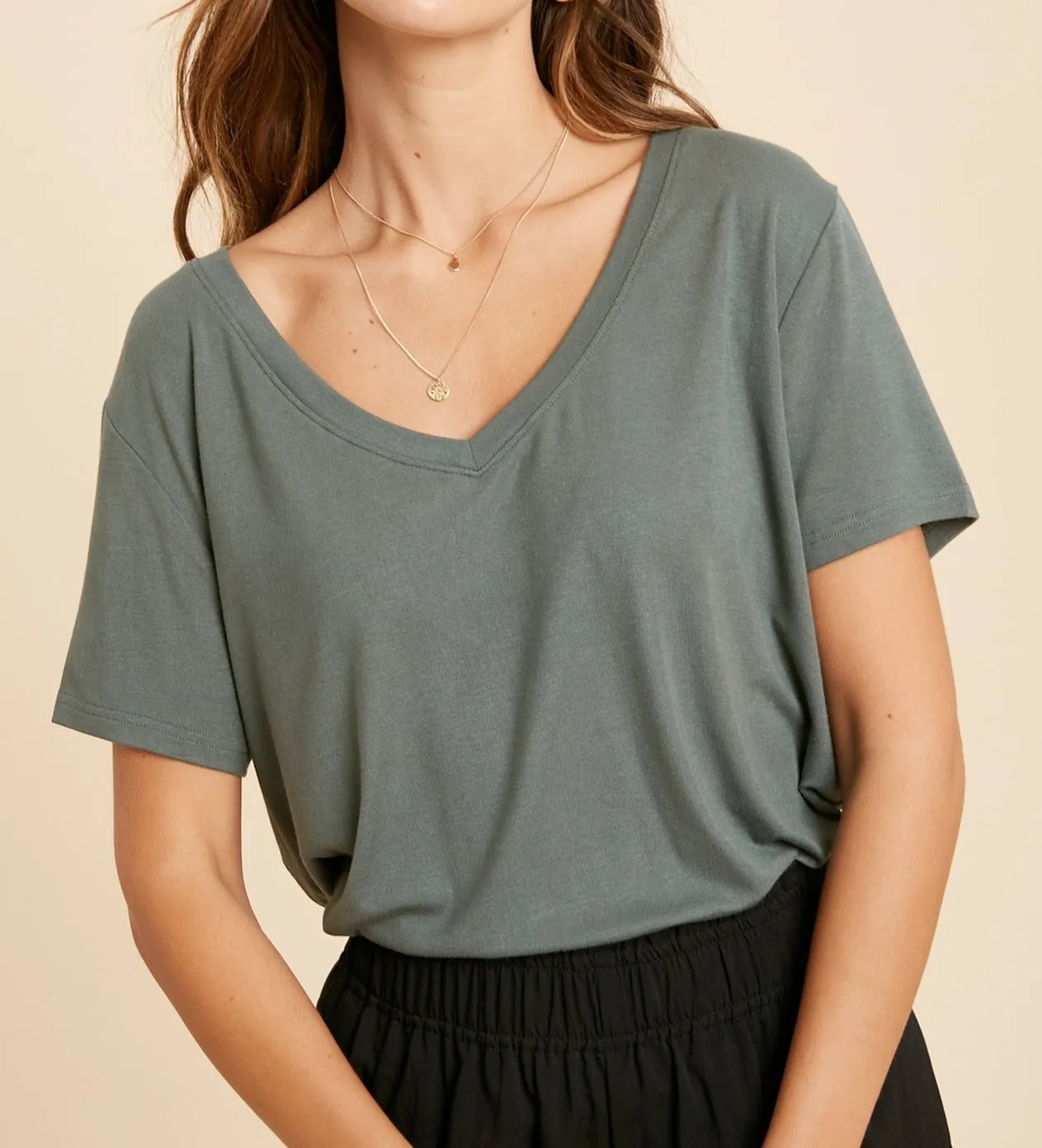 short sleeve v-neck basic knit top - t green