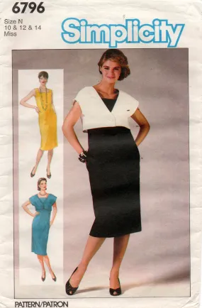 Simplicity 6796 Womens EASY Straight Dress with Cropped Bolero Jacket 1980s Vintage Sewing Pattern Size 10 & 12