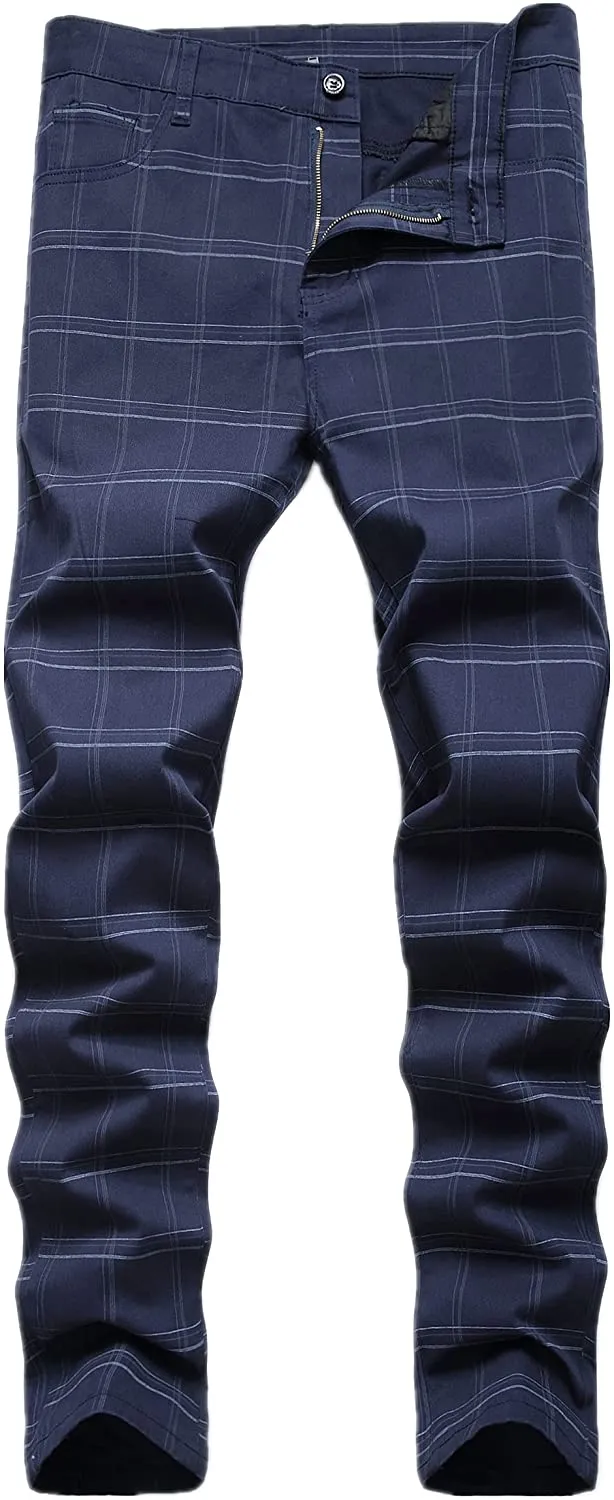 Skinny Fit Plaid Navy Flat-Front Stretch Slim Stylish Chino Pants