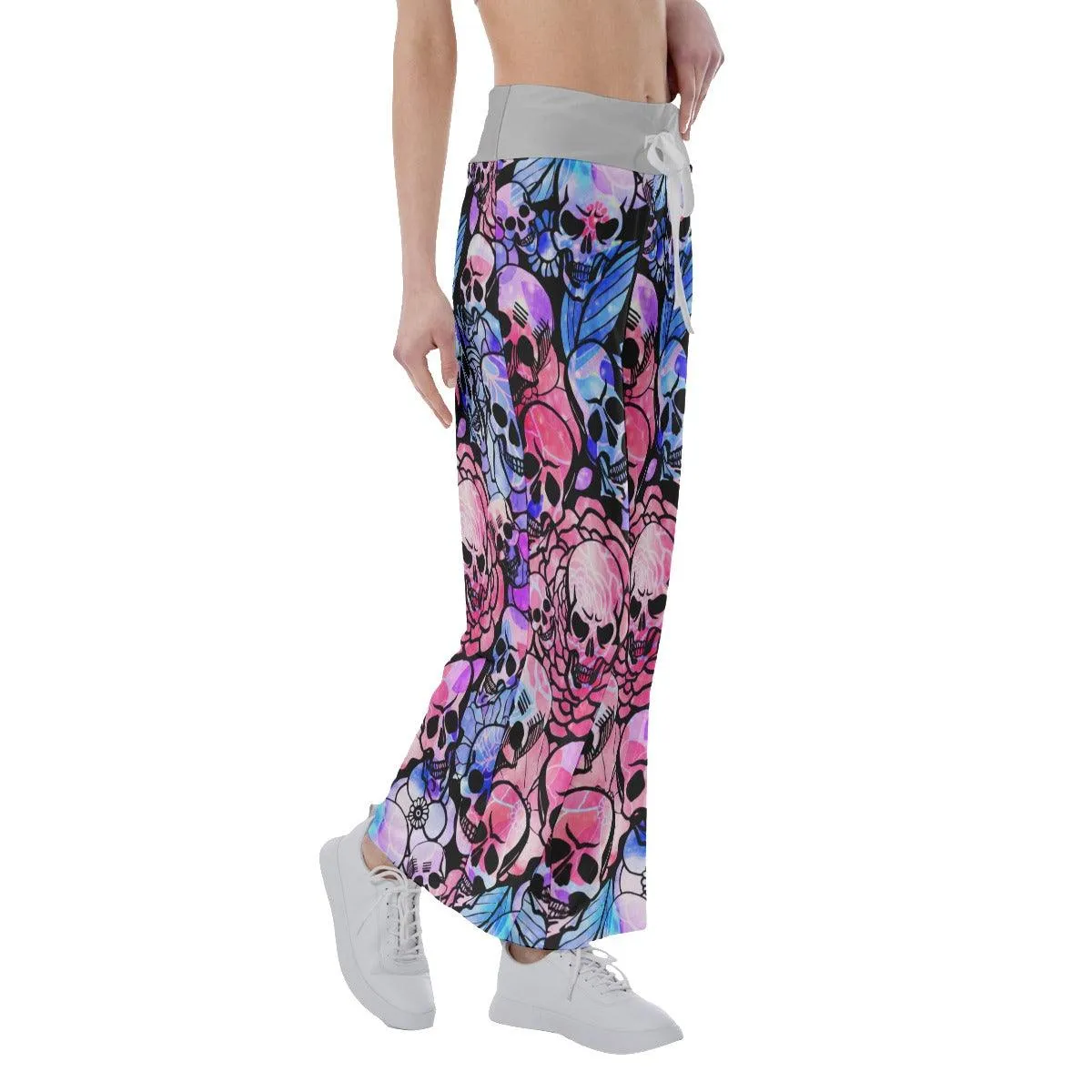 Skull Rose Pattern Pajama Pants Print Palazzo Lounge