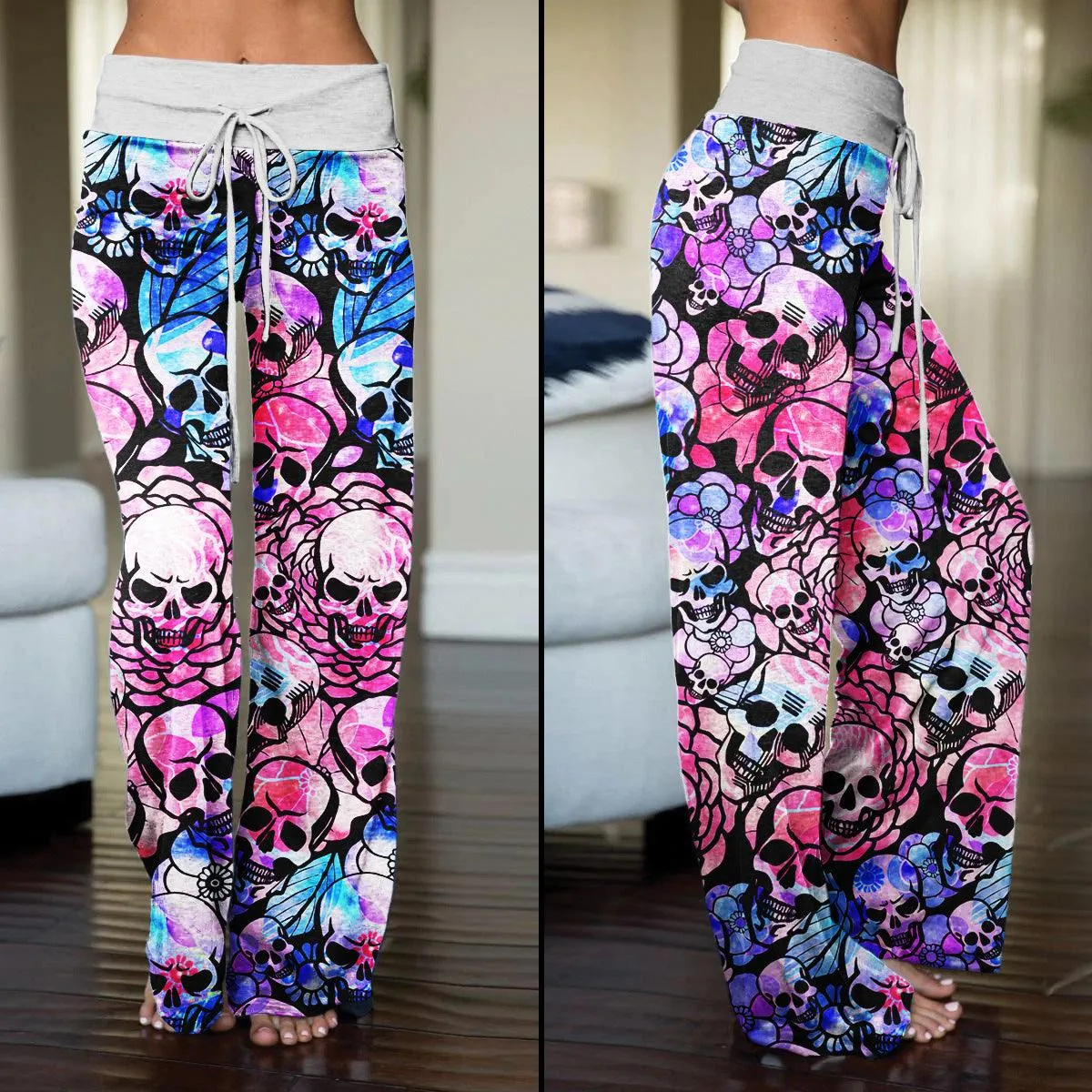 Skull Rose Pattern Pajama Pants Print Palazzo Lounge