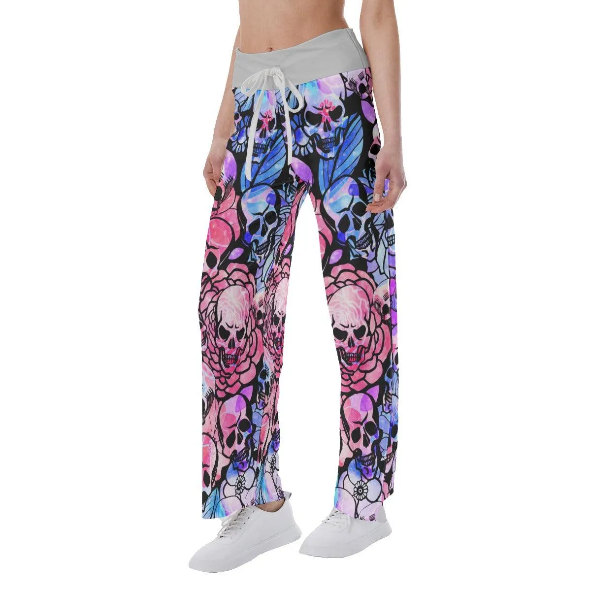 Skull Rose Pattern Pajama Pants Print Palazzo Lounge