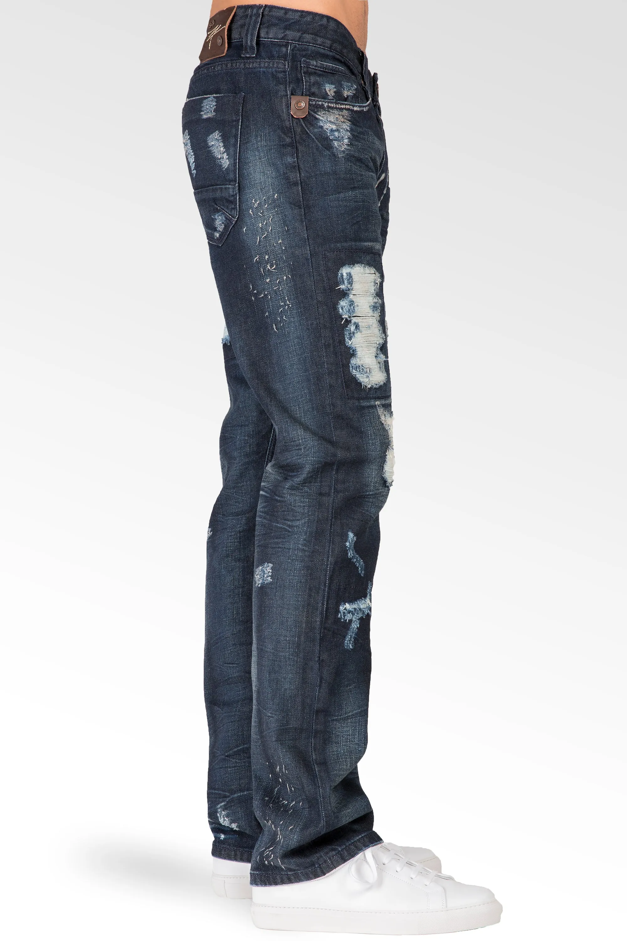 Slim Straight Dark Blue Indigo Premium Denim Signature 5 Pocket Jeans Destroyed & Repaired