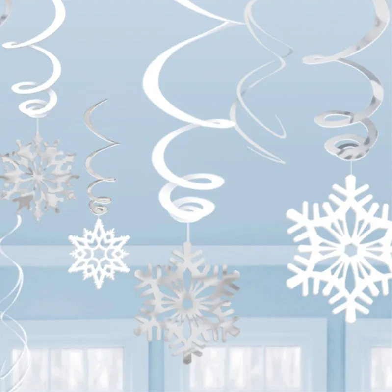 Snowflakes Hanging Foil Swirl Decorations 12cm to 17cm 12pk