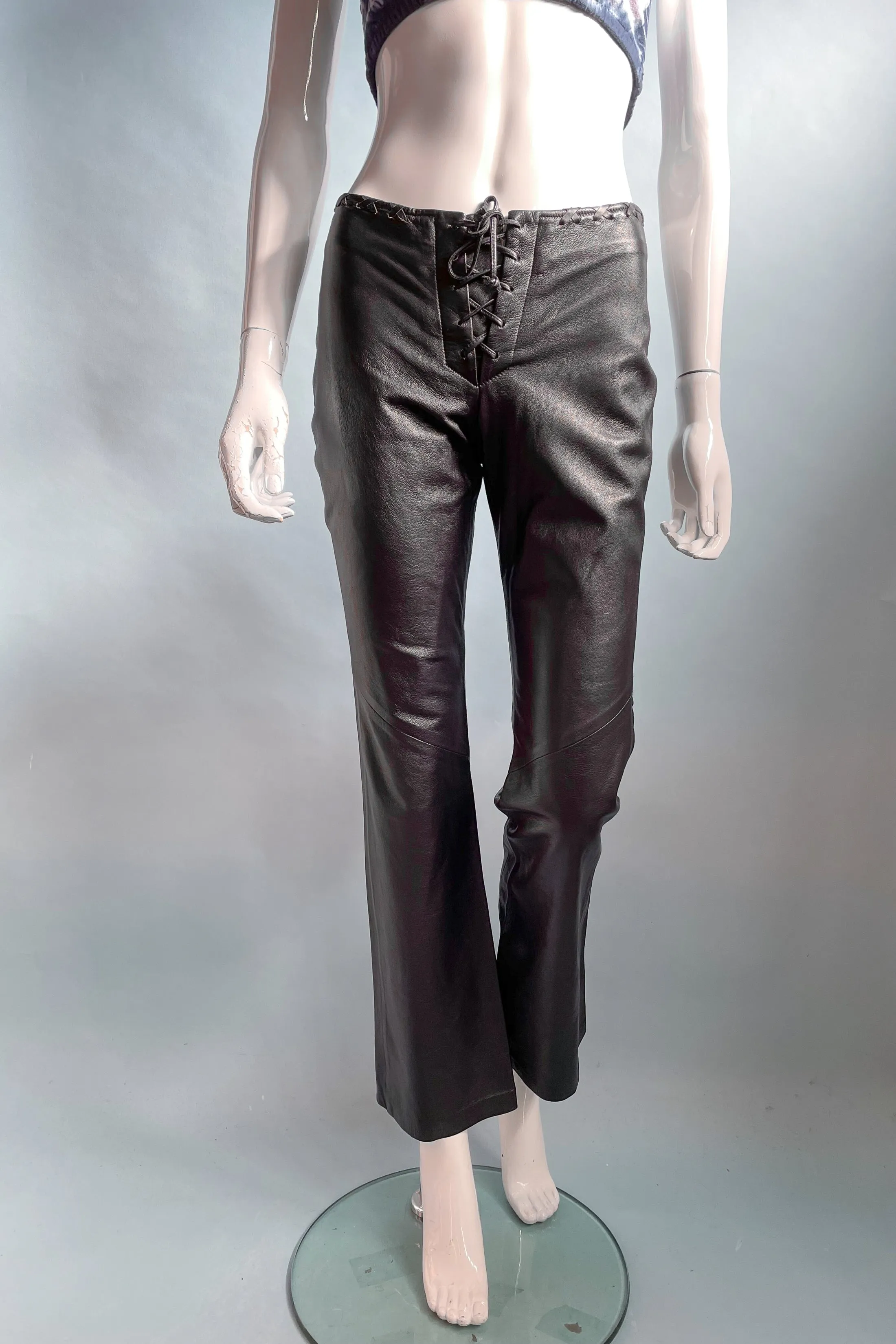 SOLD Vintage Black Leather Lace Up Pants, Hippie Slim Fit Pants XS