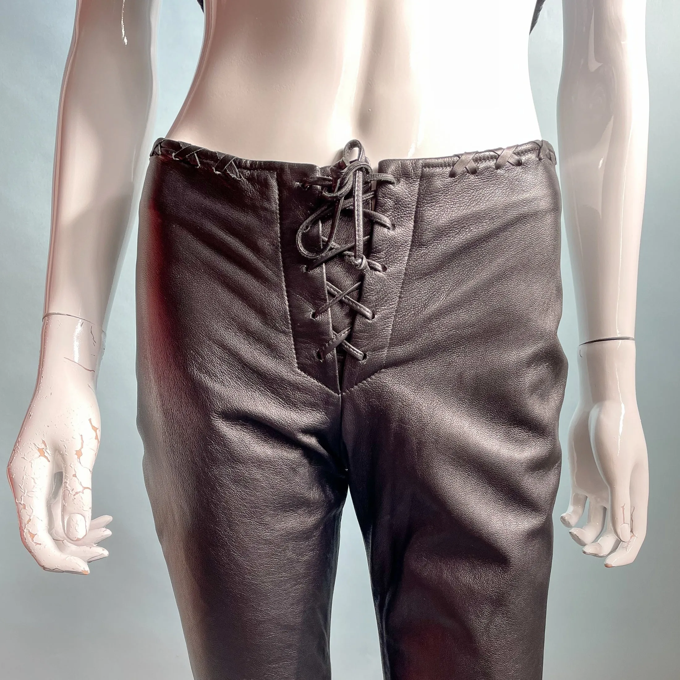 SOLD Vintage Black Leather Lace Up Pants, Hippie Slim Fit Pants XS