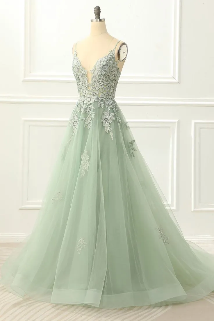 Spaghetti Straps Tulle Green Prom Dress with Appliques       fg4657