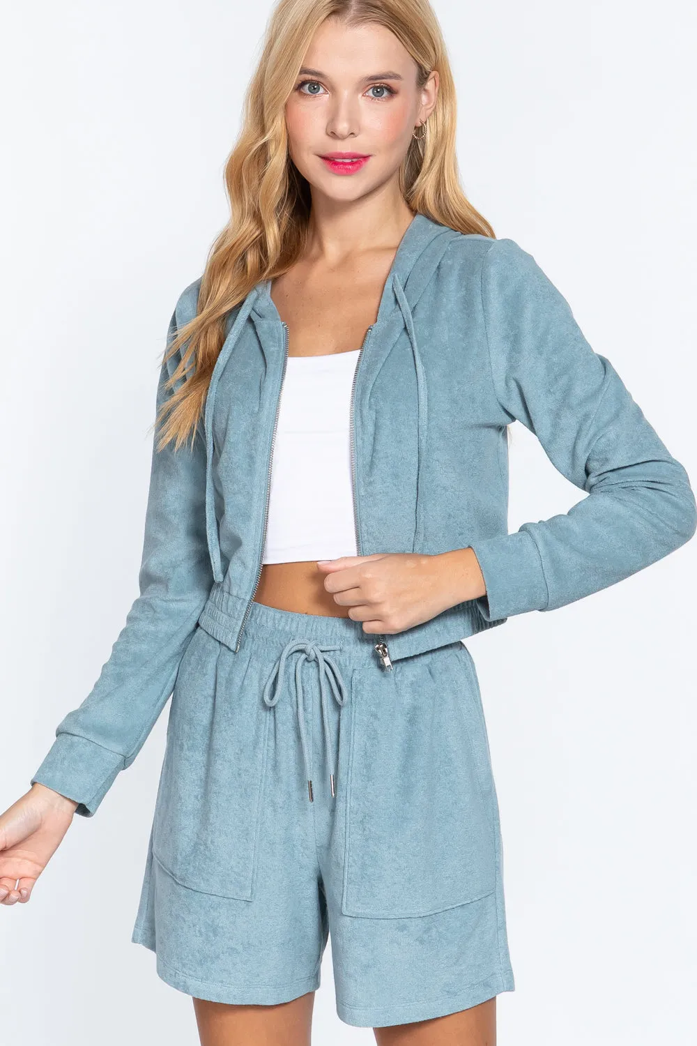 Stone Blue Zip Up Crop Hoodie Terry Towelling Jacket