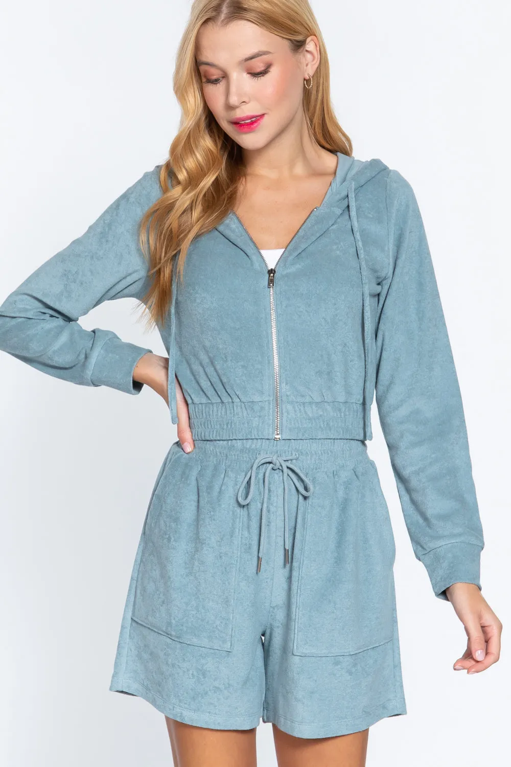 Stone Blue Zip Up Crop Hoodie Terry Towelling Jacket