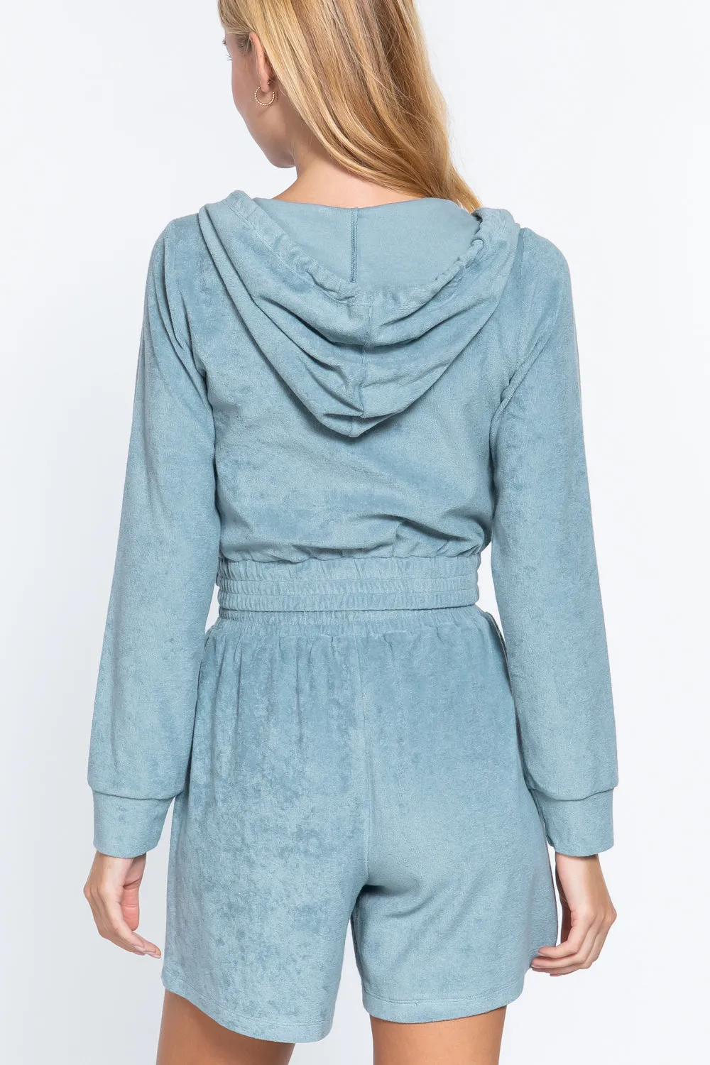 Stone Blue Zip Up Crop Hoodie Terry Towelling Jacket